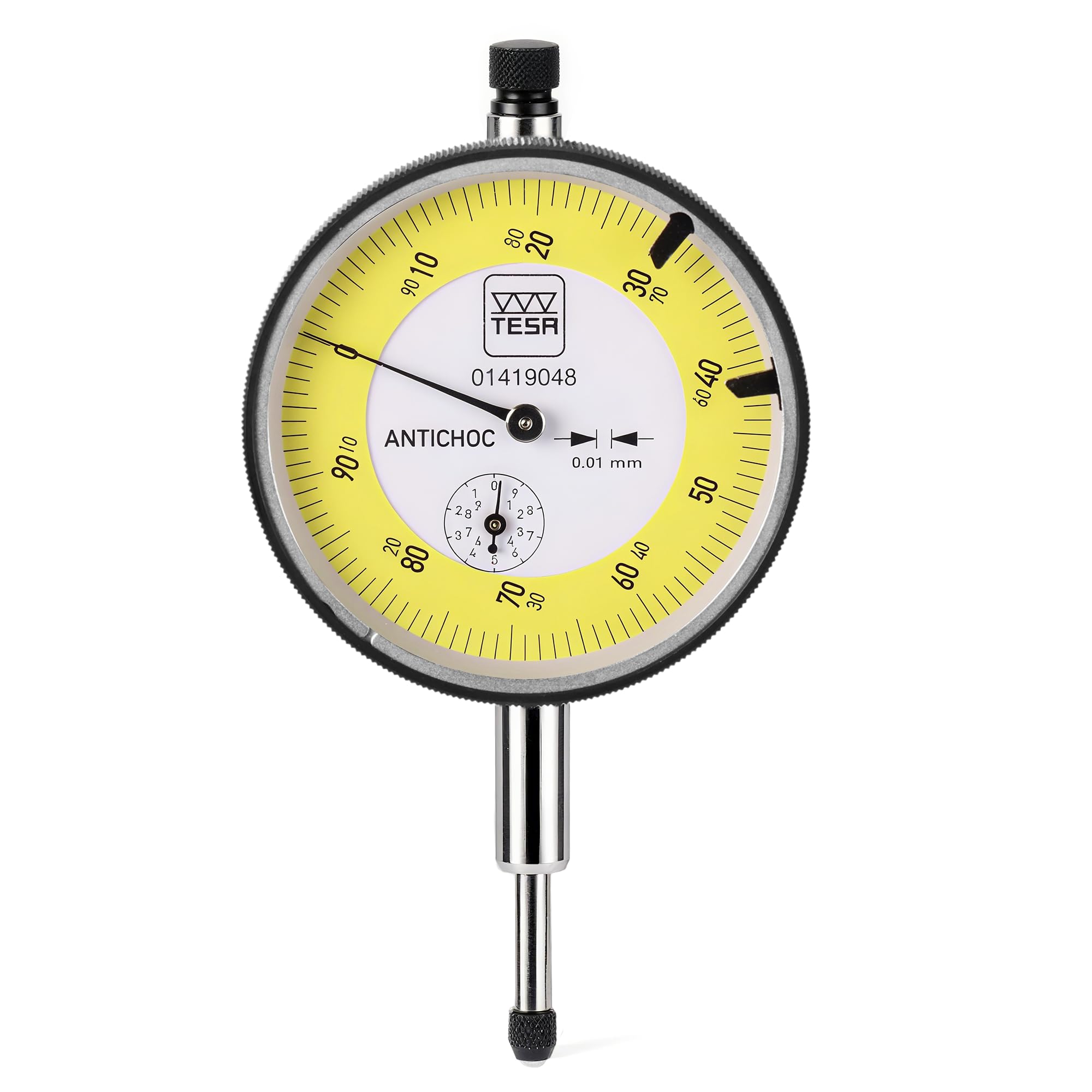 Tesa 01419048 electrónico y analógico Dial Calibre, esfera ø 58 mm, lectura 0,01 mm – estándar y largo viaje, rango de medición 10 mm, Analógico escala intervalo 0,01 mm