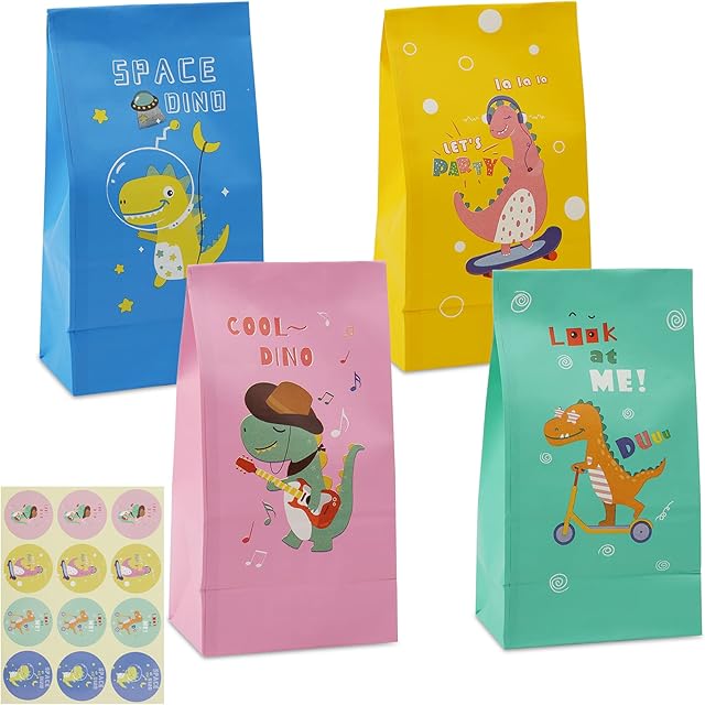 20PCS Party Bags for Kids Party Dinosaur Party Paper Bags Sweet Bags Gift Bags Treat Paper Bags Kraft Paper Bags with 24 Stickers for Kids Party, Halloween, Christmas, Dinosaur Party