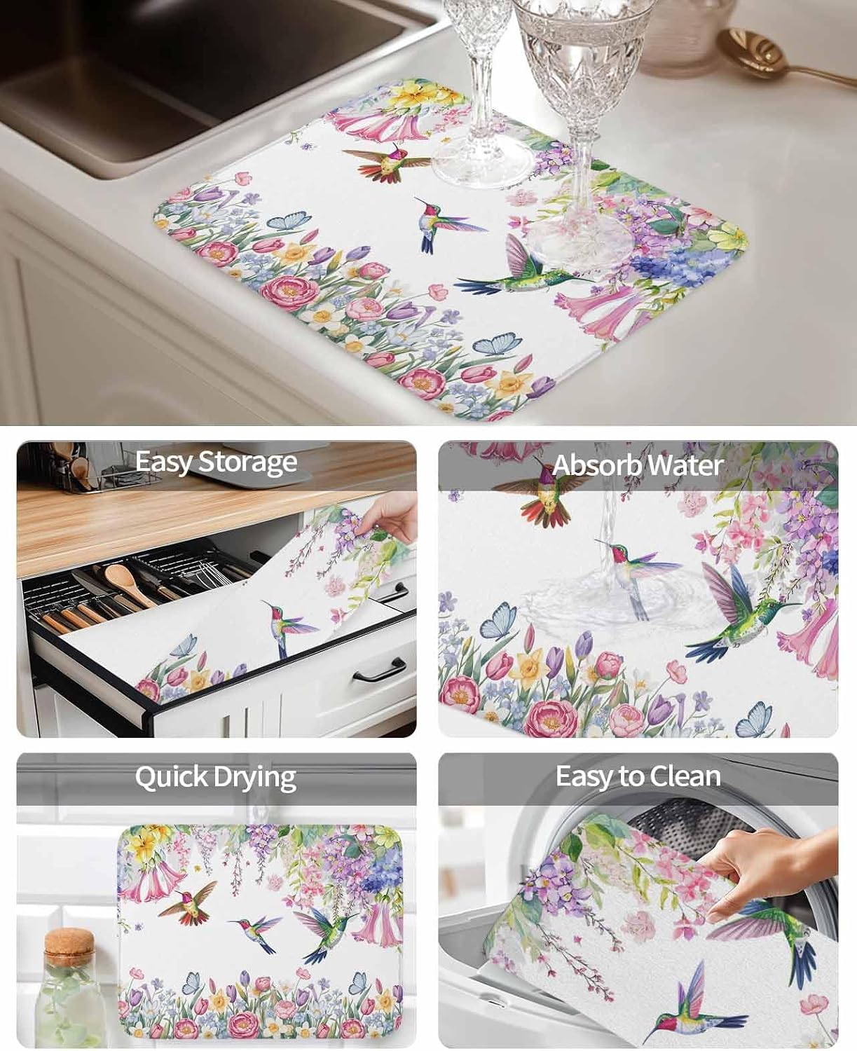 Dish Drying Mat 18 x 24 Inch, Watercolor Flowers Absorbent Microfiber Coffee Mats for Kitchen Spring Hummingbird Butterflly Floral Quick Drying Dish Drainer Pad 2 Pack