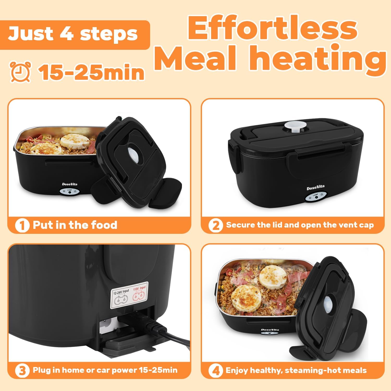 Electric Heated Lunch Box for Adults, 100W Fast Heating, 1.5L 304 Stainless Steel, 12V/24V/110V Portable Lunch Box Warmer for Car, Truck, Work, Office, Lonchera Electrica Portatil image 3
