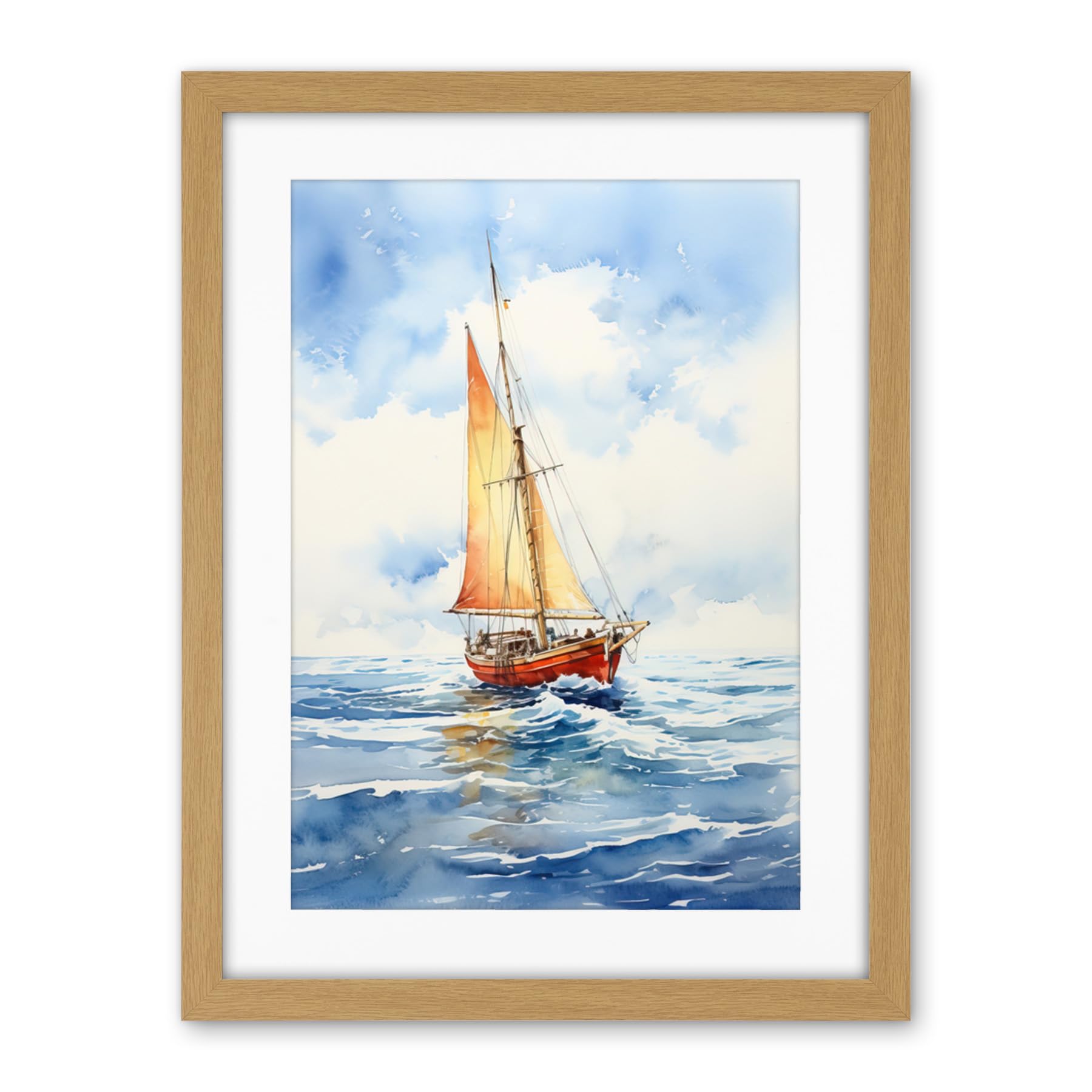Artery8 Orange Sailing Boat Watercolour Painting Bathroom Artwork Sail at Sea Seascape Artwork Framed Wall Art Print 18X24 Inch