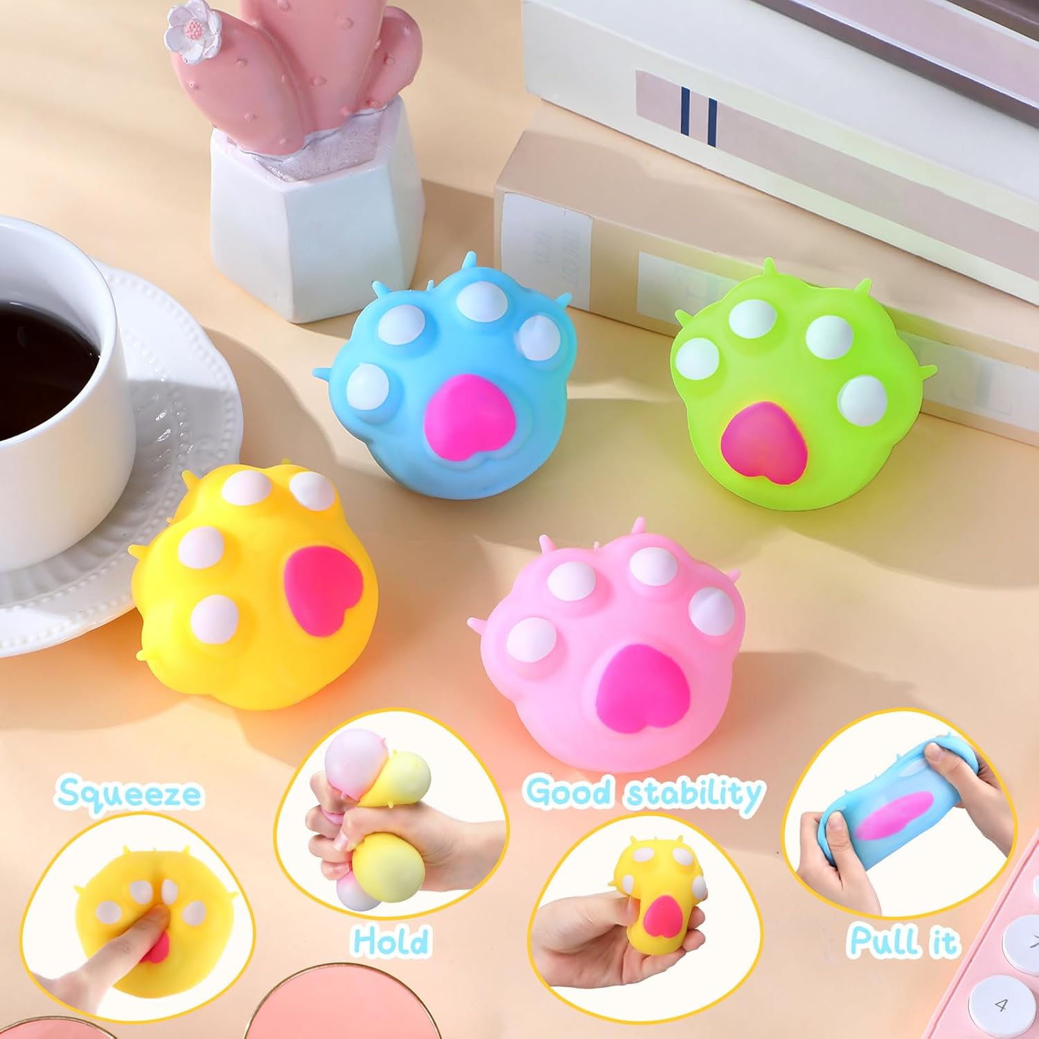 Meooeck 12 Pcs Cat Paw Stress Fidget Toys Cute Kawaii Stress Ball Relief Fidget Squeeze Sensory Toys for Birthday Party Favors Christmas Stocking Goodie Bags Stuffer Autism