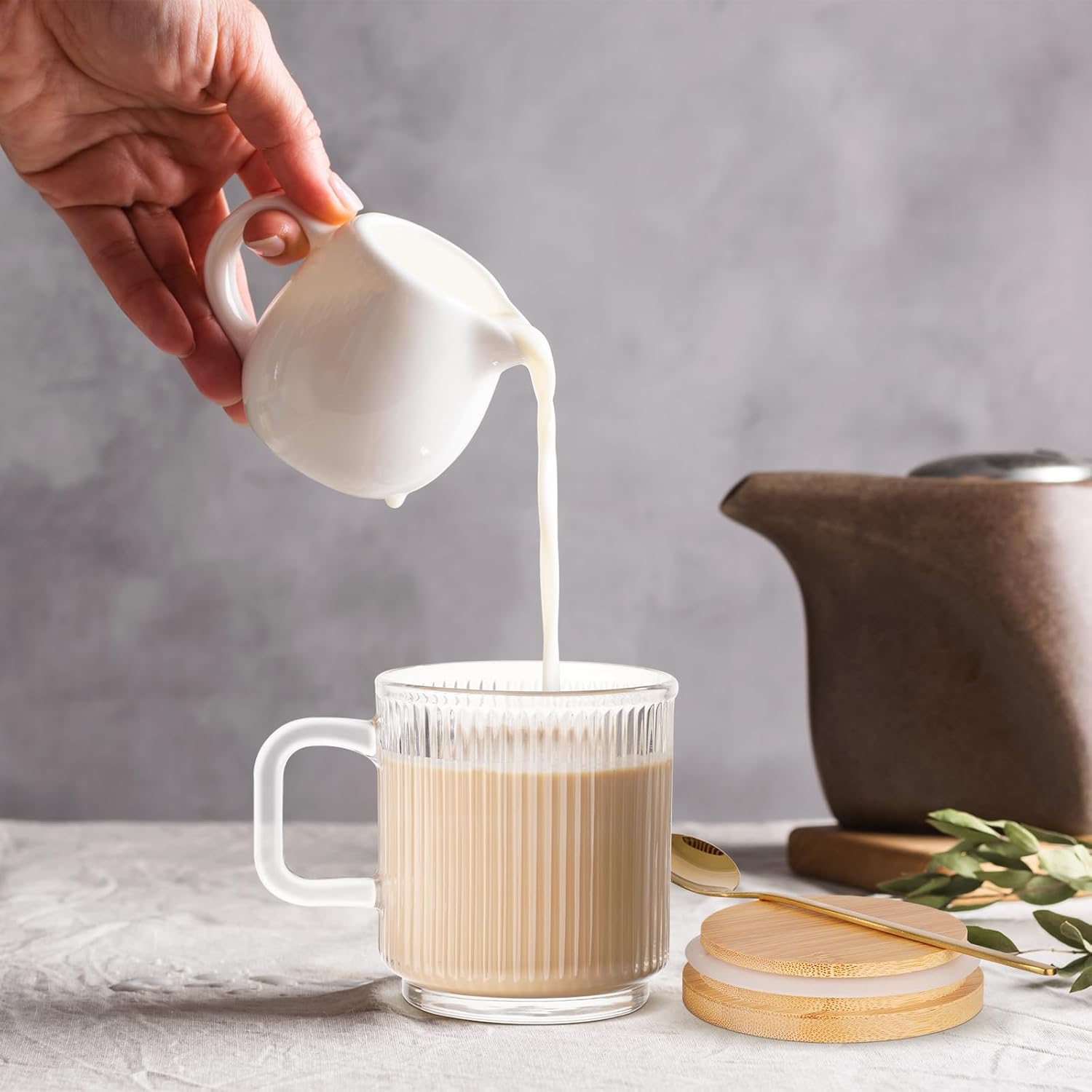 Glass Coffee Mugs, 11oz Glass Coffee Cups with Bamboo Lids and Spoon, Clear Coffee Cups Set of 2, Espresso Cups for Coffee Bar Accessories, Cute Ribbed Glassware Set for Latte, Cappuccino, Tea, Gift - Image 2