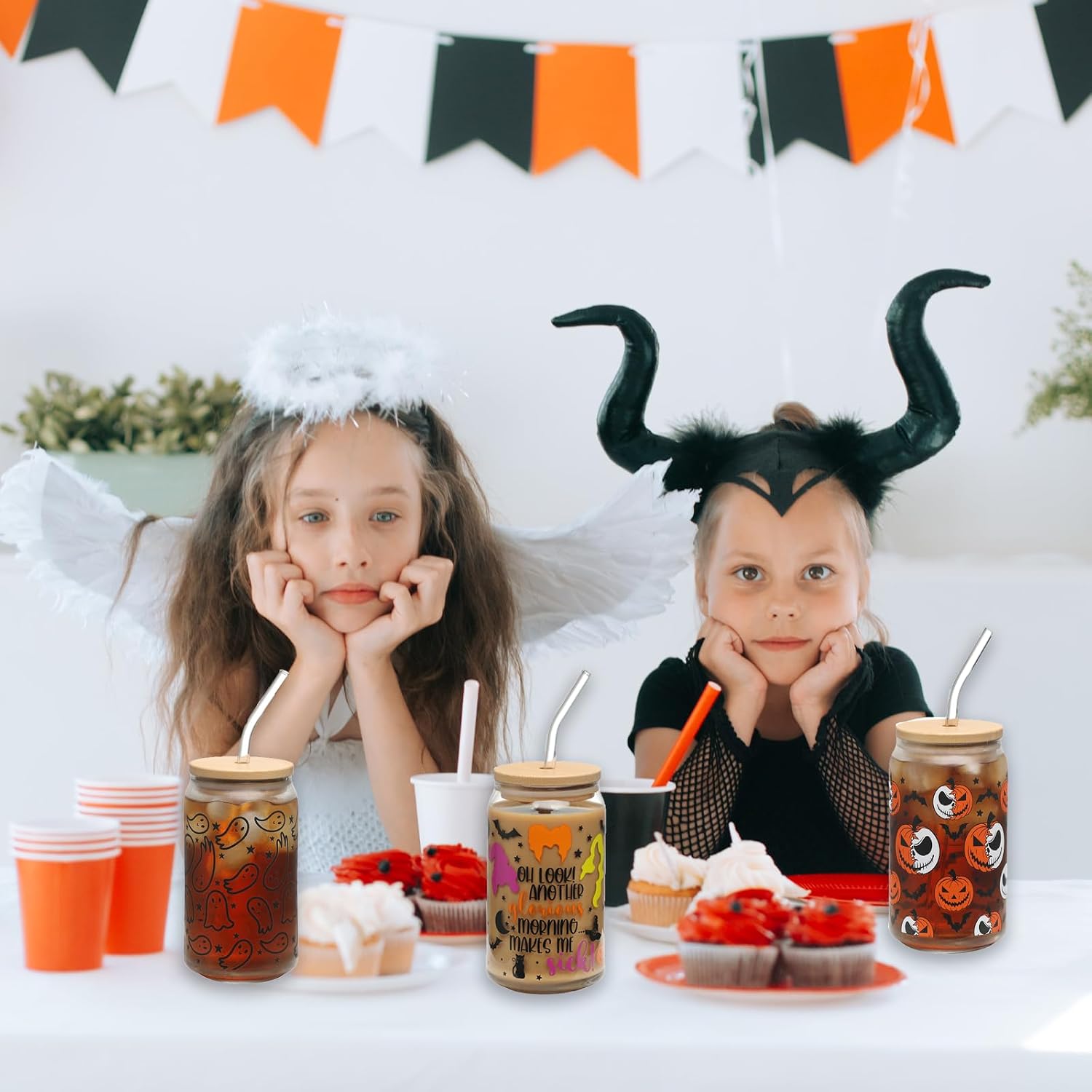 Halloween Glass Cups Witch Drinking Glass Cup with Lid and Straw 16oz