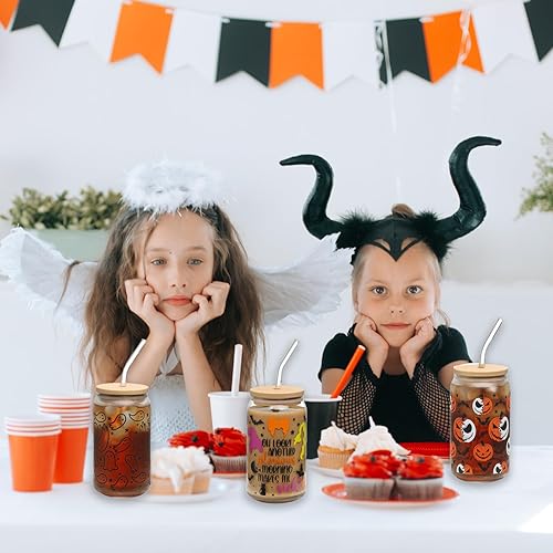 Miniatura 6 de OhLook - Taza de cristal para beber de fantasmas de Halloween, calabaza espeluznante de 16 onzas con tapa y popote en forma de lata de vidrio con
