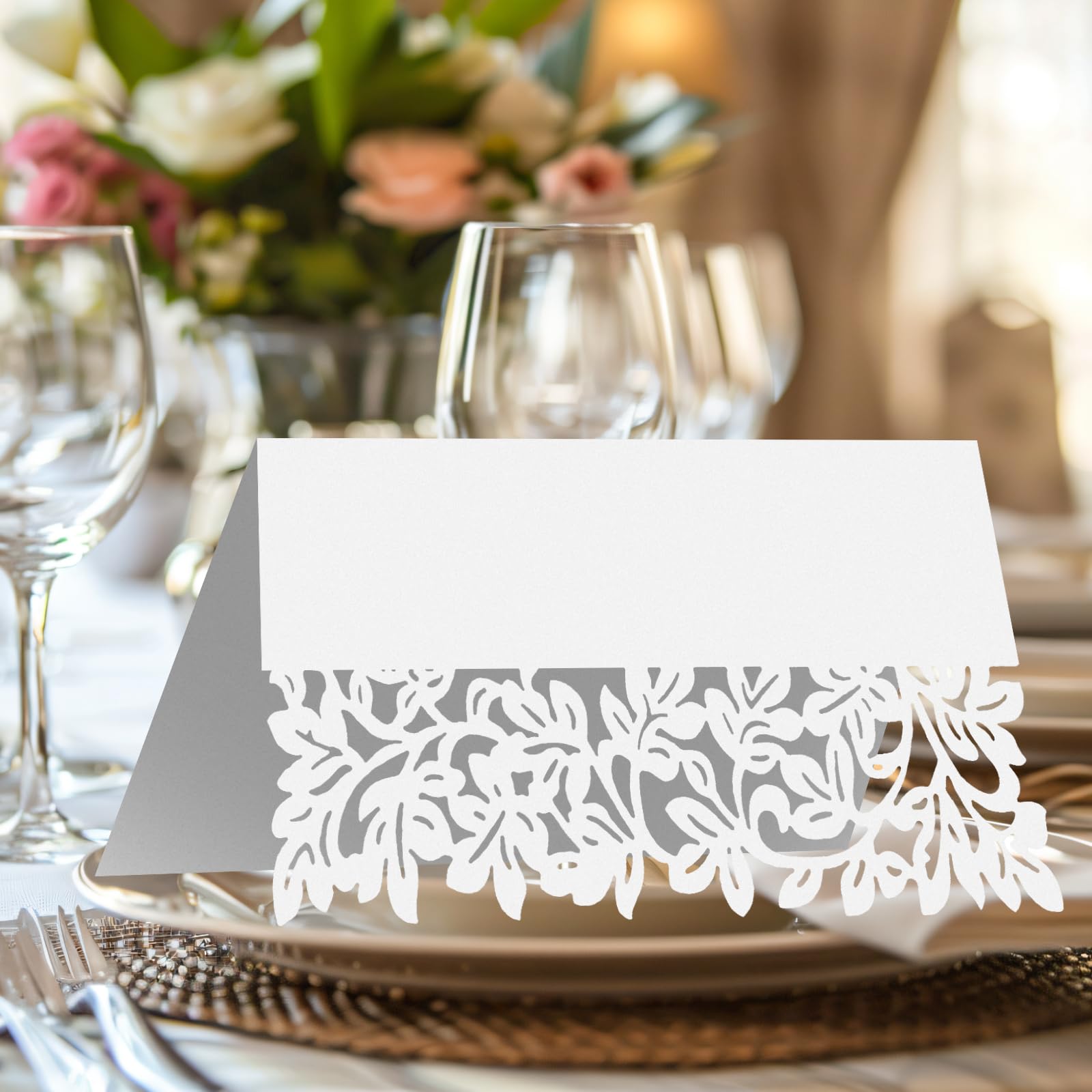 60 Pieces of White Dining Table Name and Place Cards Foldable Reception Name Card Holder Hollowed Out Wedding Banquet Table Name and Place Card Wedding Birthday Christmas Party Decoration