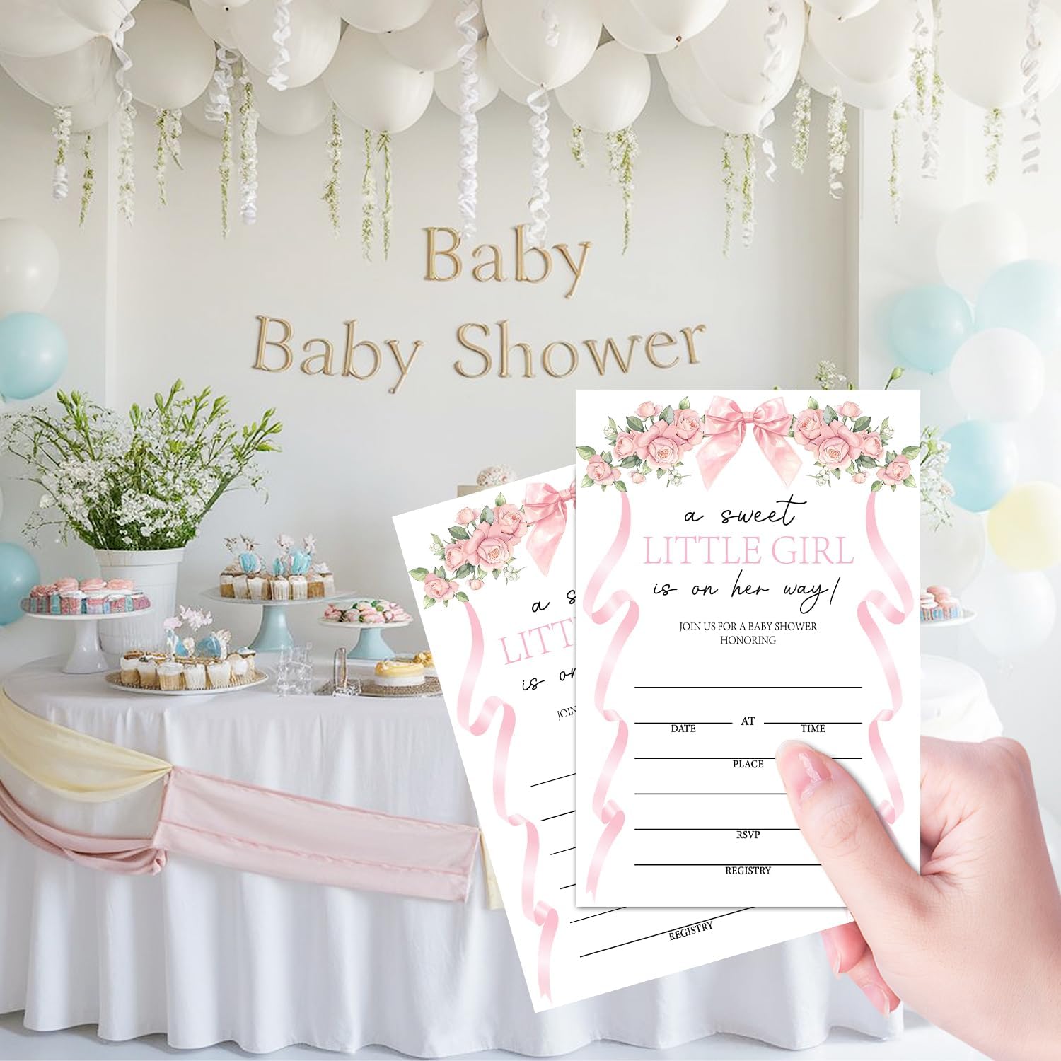 A Sweet Little Girl Is On Her Way Baby Shower Invitations, 25 Baby Shower Invitations with Envelopes, Pink Bow Floral Ribbon Toile Gender Reveal Party Supplies /22
