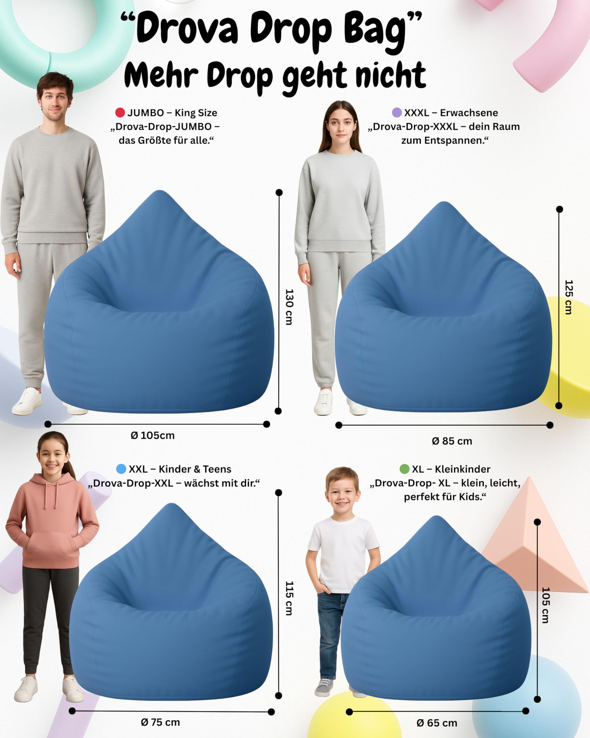 PATCH HOME Patchhome Worek do siedzenia w kształcie kropli, niebiesko-szary, do użytku wewnątrz i na zewnątrz, rozmiar XL, 300 l, z wypełnieniem styropianowym, w 25 różnych kolorach i 3 rozmiarach