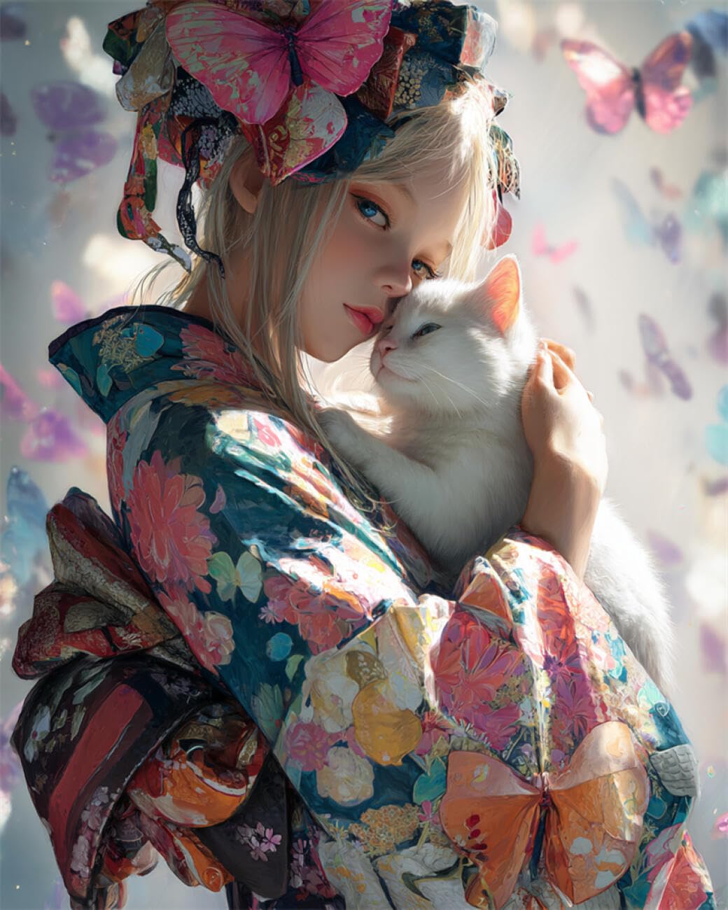 RKFLGEW 14CT Cross Stitching Kit Kimono-Clad Girls and Animals Needlepoint Counted Kits Embroidery Set Arts and Crafts for Home Decor 40x50cm