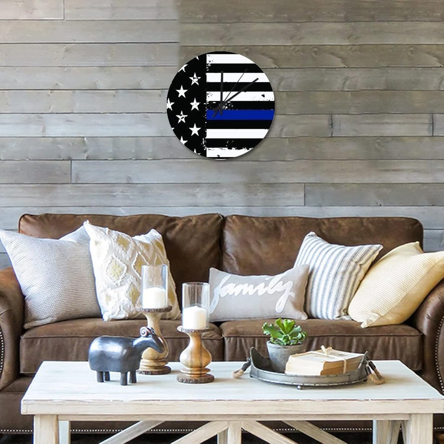 Retro Vintage Thin Blue Line Black American Flag Wood Clock 12 Inch, Honoring Our Men and Women of Law Enforcement Vintage Wall Clock Non Ticking Round Clock for Kitchen Dining Room