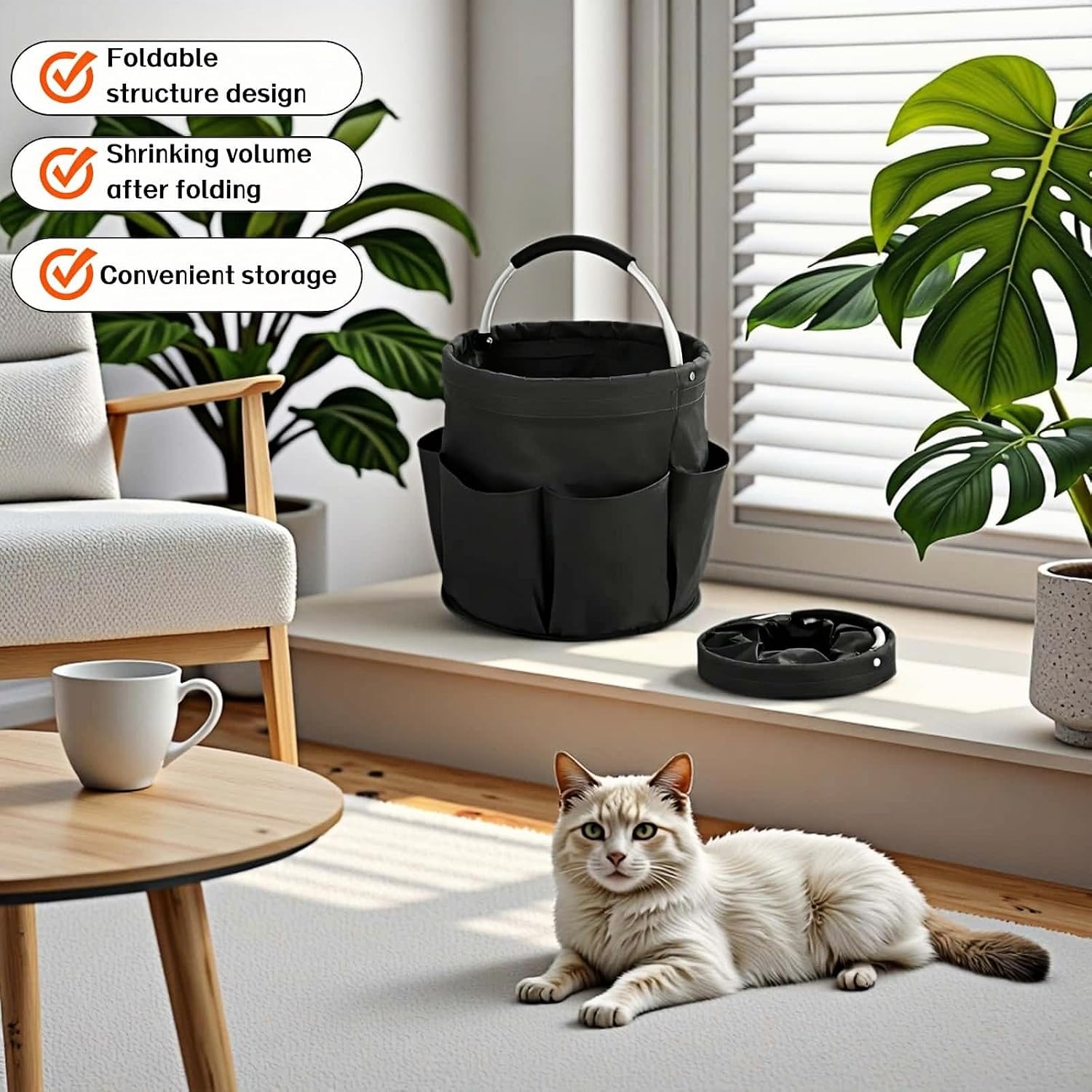 Foldable Storage Basket, Black Oxford Fabric Multi-Pocket Collapsible Basket with Handles:Portable Picnic,Beach,Garden Harvest,Market Shopping Basket,Home Storage,Bathroom Organizer Travel image 5