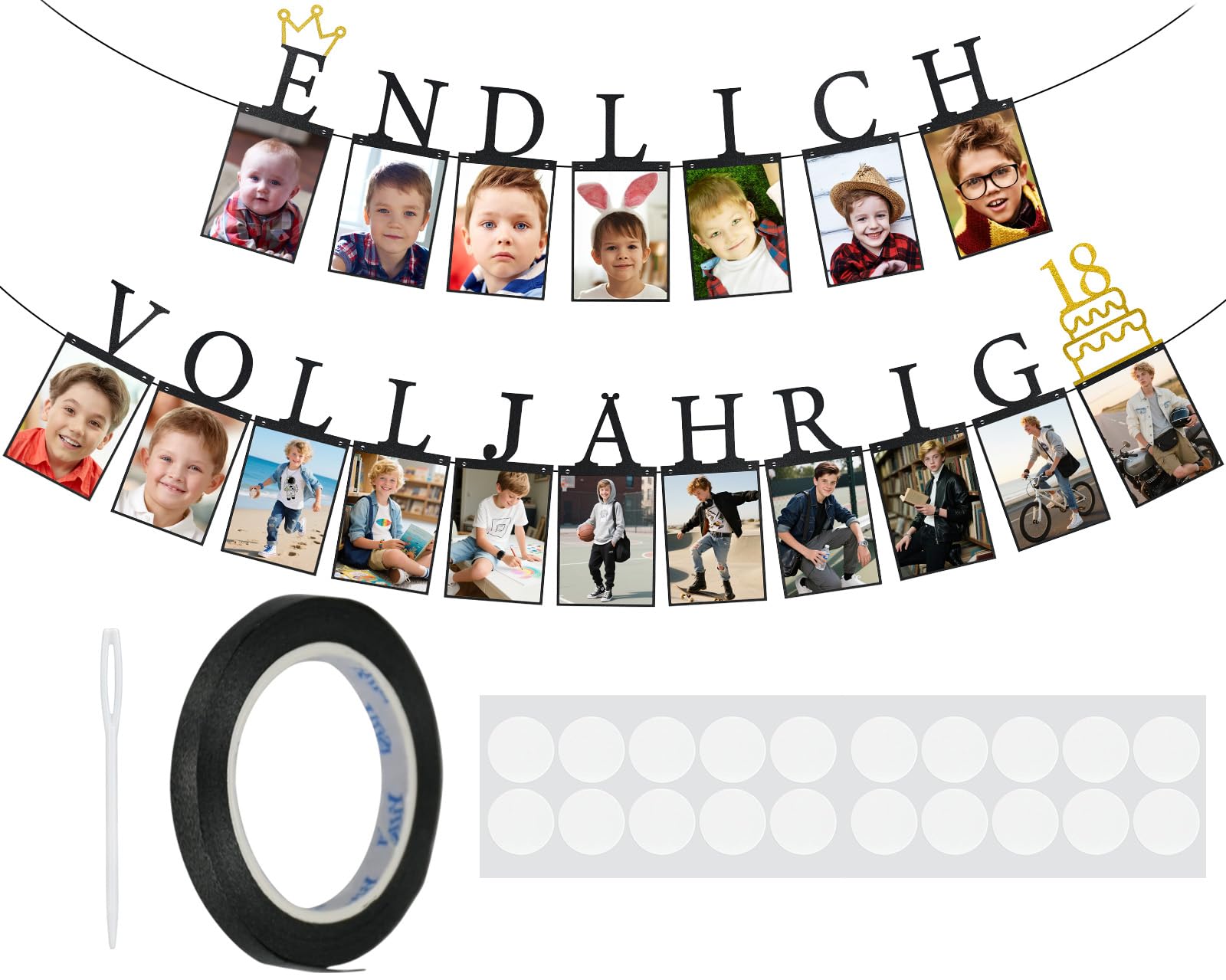 ouhos Girlande 18. Geburtstag Junge Schwarz - ENDLICH VOLLJÄHRIG 18 - Fotogirlande zum 18. Geburtstag - inkl. 18 Glitzerkarten für Fotos von 1 bis 18 Jahre - Meilensteine Geburtstagsdeko 18 Junge
