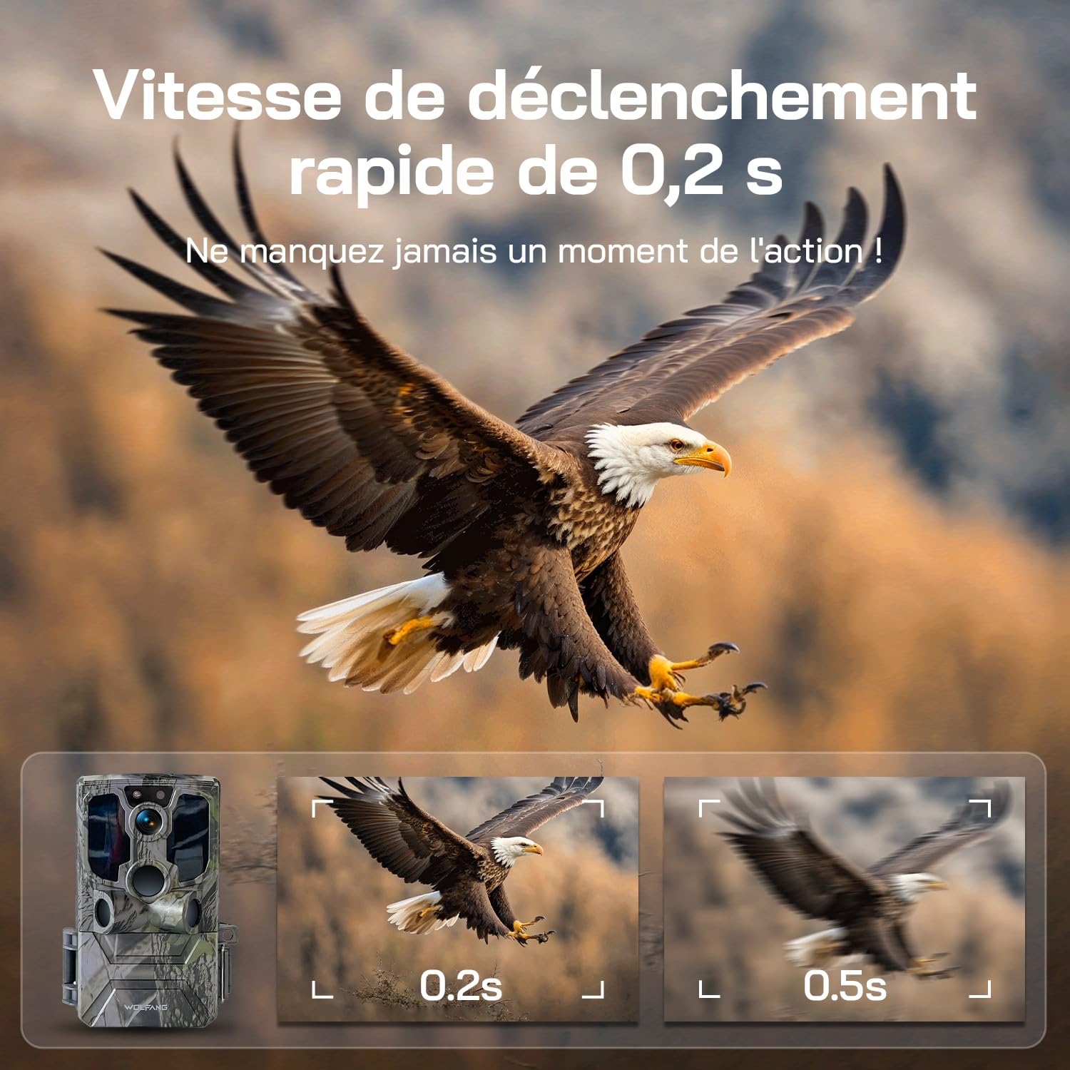 WOLFANG 4G Caméra de Chasse Solaire Extérieure avec Carte SIM, 2.5K Caméra Surveillance sur Batterie avec Détecter l'alarme, Vision Nocturne, IP66 Etanche, Audio Bidirectionnel