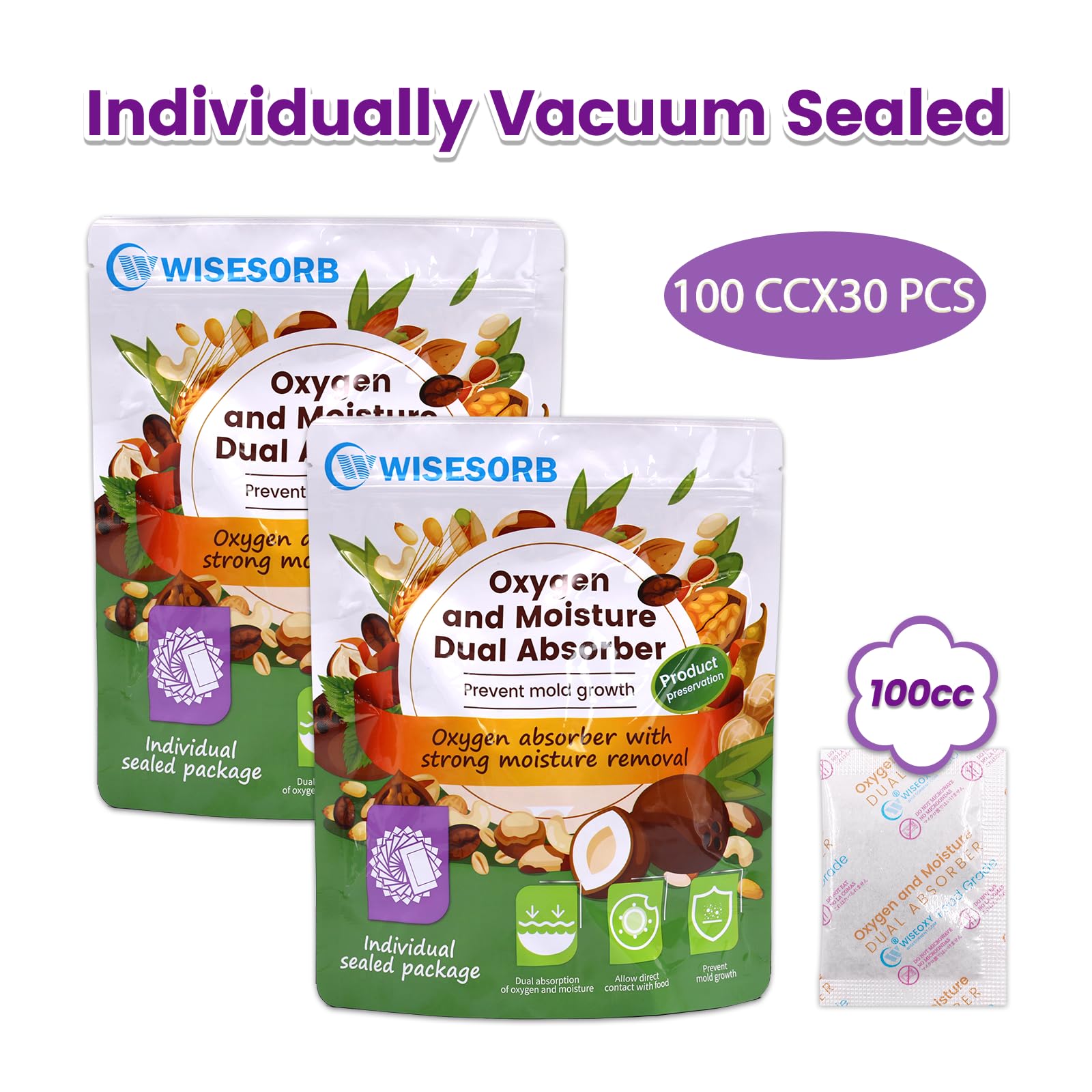 Wisesorb 100CC 60PCS Oxygen Absorber With Strong Moisture Removal,Oxygen Absorber for Food Storage, Moisture Absorbers, and Preserved Foods(100CC 60PCS)