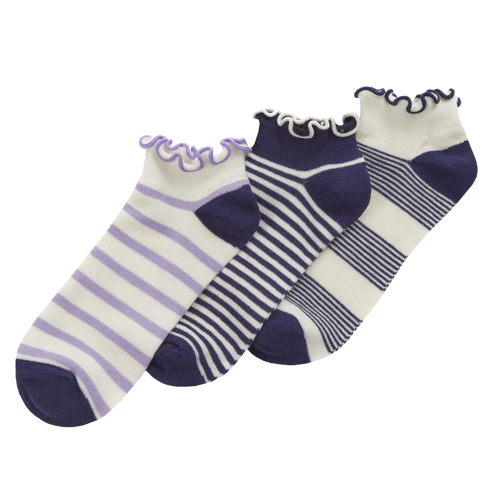 Metzuyan WS-SS23 Ladies Bamboo Trainer Liners Ankle Socks Patterned Ruffle Edge Ripple Loose Top 3 Pairs Stripes UK 4-8
