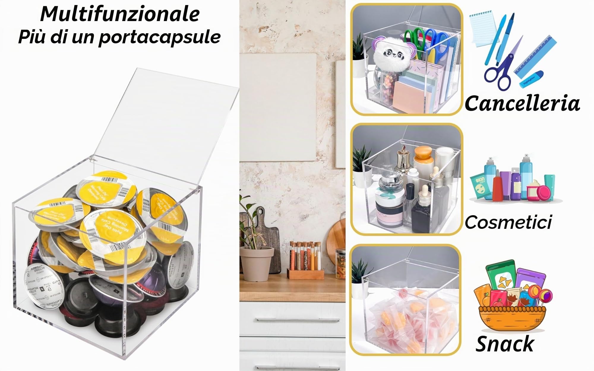 Exzact Cubo per capsule di caffè da 15 cm in acrilico, organizer per cestini per cialde di caffè, porta capsule trasparente, contenitore multifunzione