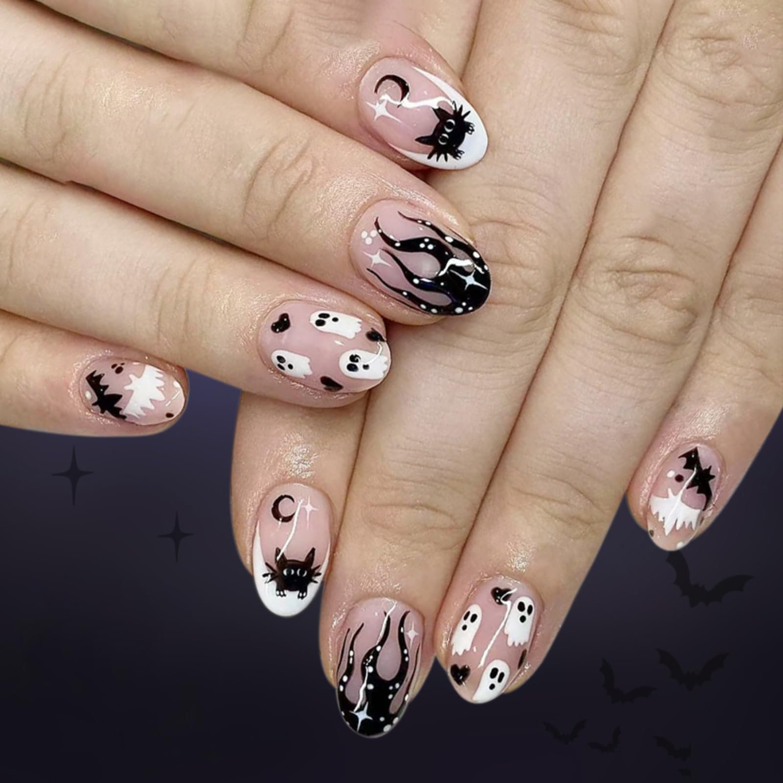 Halloween Press on Nails for Women 24Pcs False Nails with Ghost Cat Bat Designs