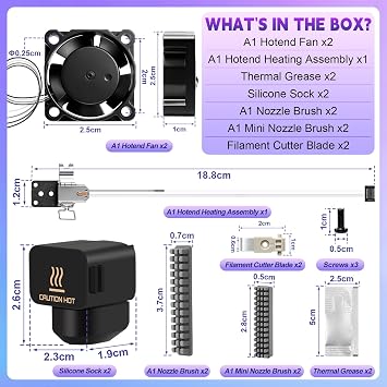 Bambu lab A1/A1ミニ3Dプリンター用Hotend冷却ファン2個、18000RPM高速A1押出機ホットエンド冷却ファン、A1ホットエンド加熱アセンブリ付き、フィラメントカッターブレード、ノズルブラシ、シリコンソックス。