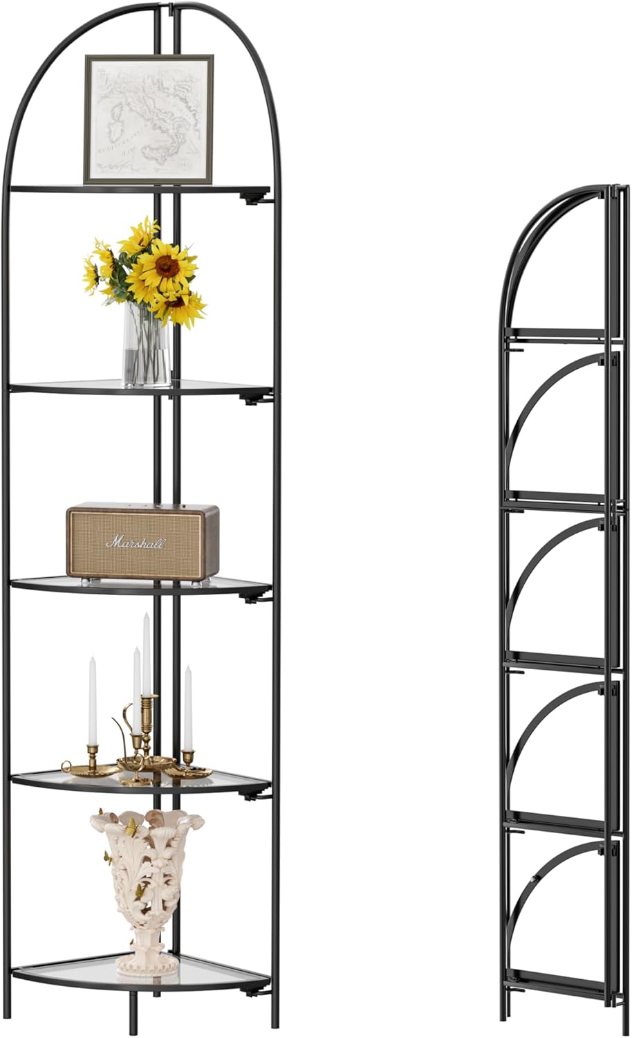 Crofy Foldable 5 Tier Corner Shelf, Metal Corner Plant Stand with Black Frame and Transparent Shelves, Corner Display Rack Multipurpose Shelving Unit for Living Room, Bedroom, Bathroom Black Frame & Transparent Shelf 5 Tier