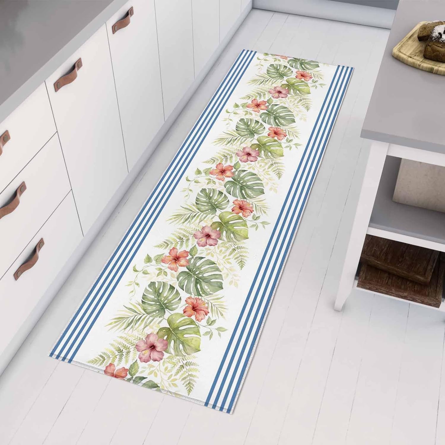 Kitchen Mats for Floor Watercolor Monstera Leaves Flower Washable Non Slip Kitchen Rugs 1PCS, Summer Plant Blue Stripes Absorbent Standing Mats for Sink Bathroom Office Living Room 15.7x47.2in