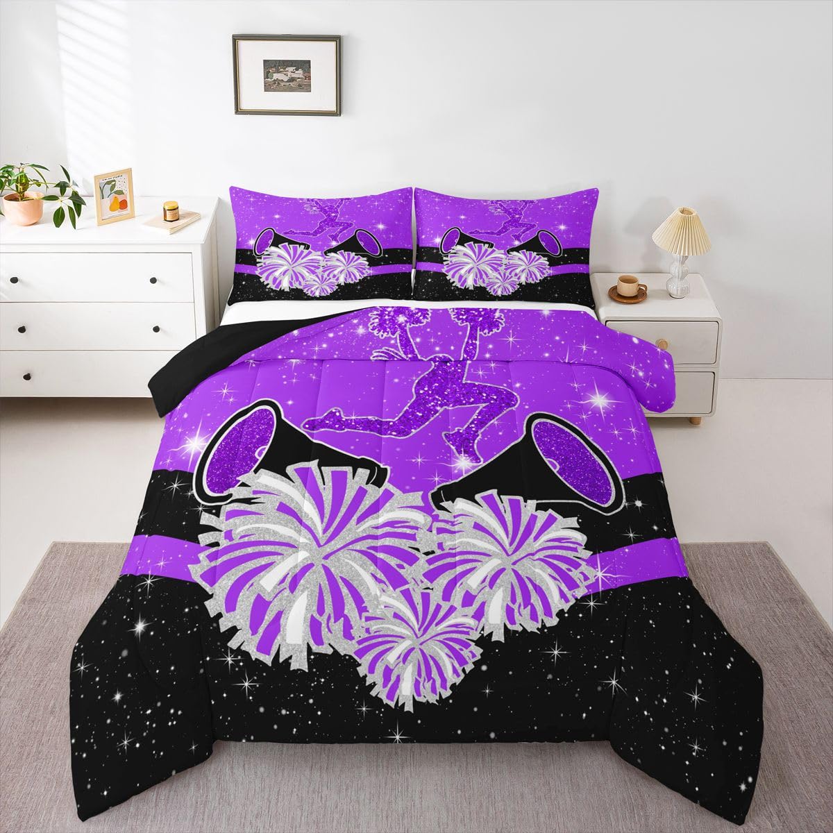 Castle Fairy Cheerleader Kids Comforter Set Twin Size,Cheerleading Glitter Purple Black Reversible Bedding Set for Teens Bedroom,Girly Cheerleading Dance Quilted Duvet with 1 Pillowcase