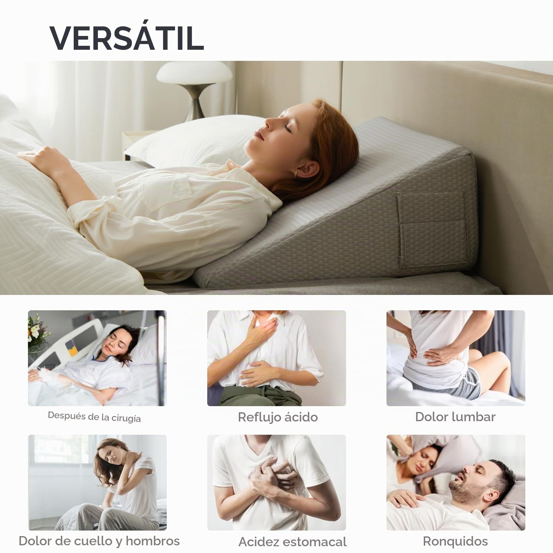 Bedluxe Almohada de cuña de 25 cm para cabecero, Alivio de reflujo ácido, Dolor de Espalda y ronquidos, con Espuma viscoelástica refrescante, Gris
