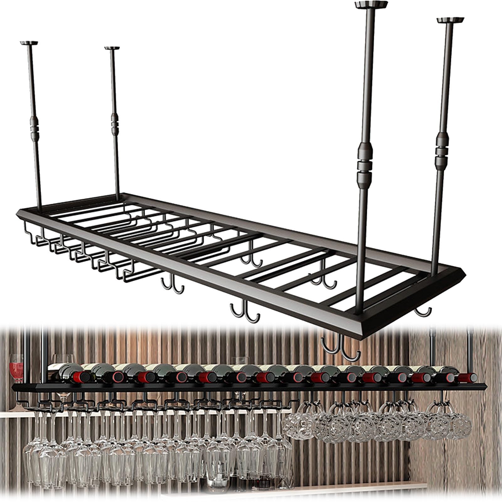 ASYJVWYZ Suspended Wine Rack Holder, Black Adjustable Ceiling Wine Bottle Storage Shelf, Heavy-Duty Metal Bar Organizer For Home(Style B,100x30cm/39x12in)
