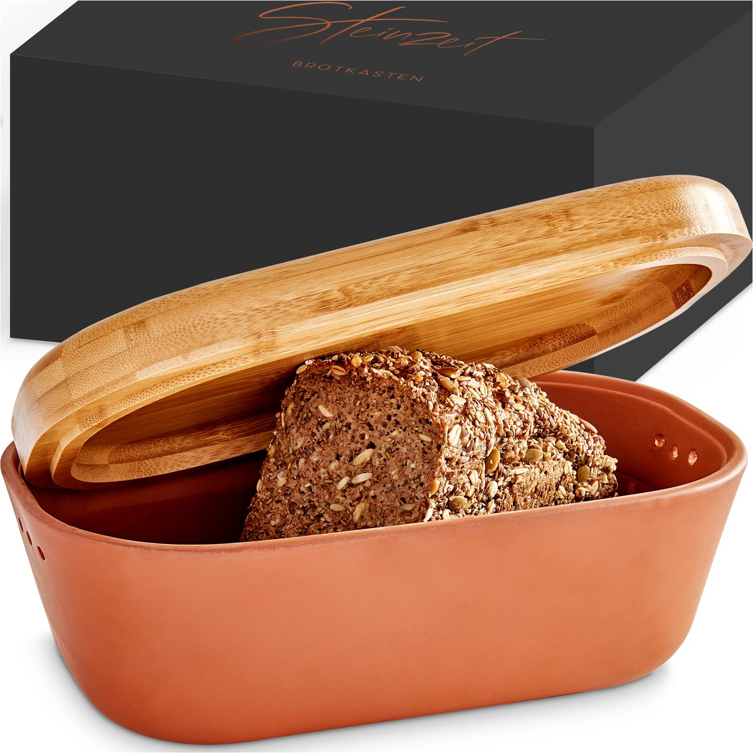 Steinzeit Panera diseño - Bread Box de barro transpirable - Caja de pan de cerámica con elegante tapa de bambú - Panera para un almacenamiento que ahorra espacio