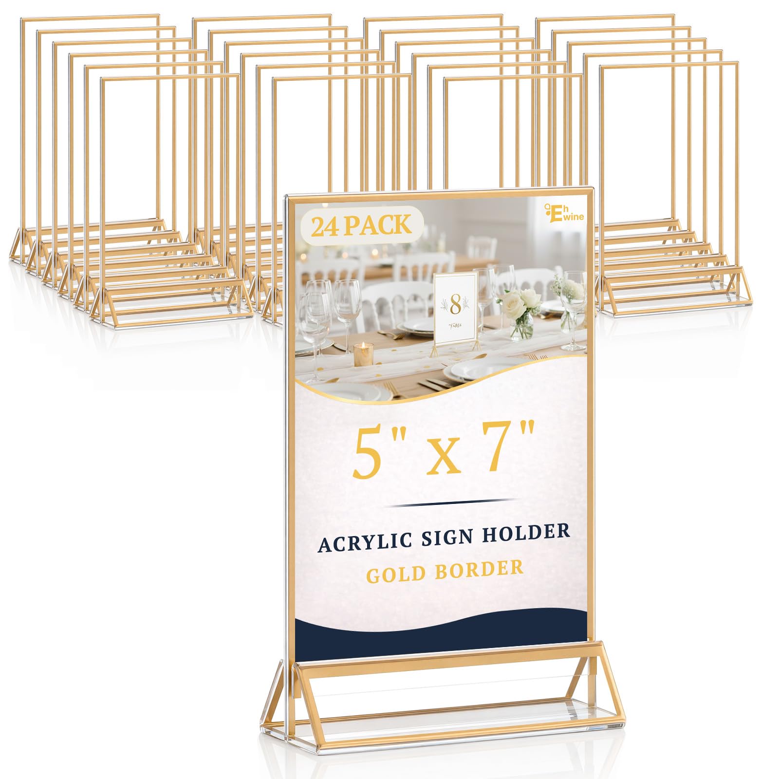 EHWINE 24 Pack Acrylic Sign Holder 5 x 7, Double Sided Gold Picture Frame Stand up Table Top Sign Holders, Clear Display Stand Menu Flyer Holder for
