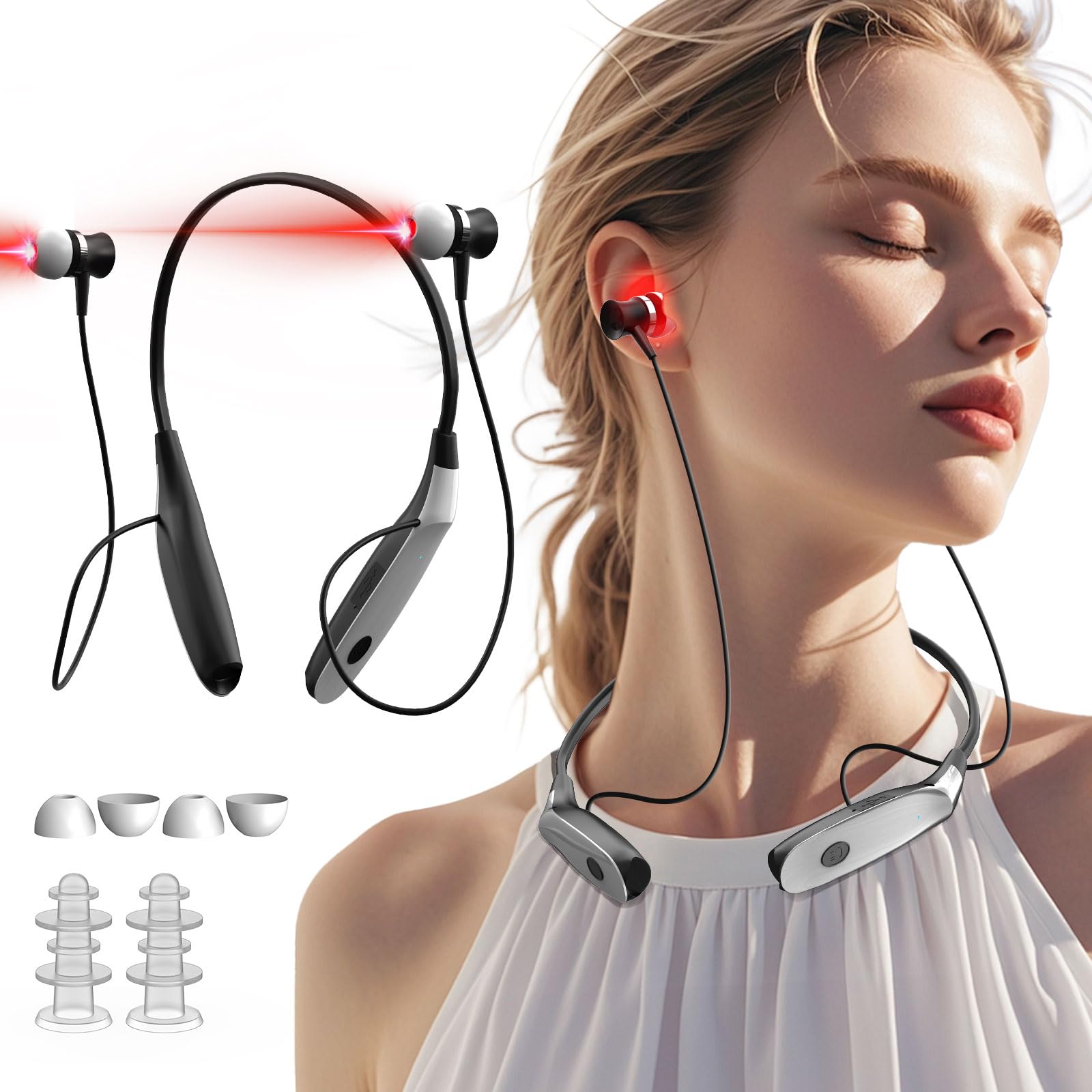 Terapia de luz roja para oídos, dispositivo de terapia de luz roja 2 en 1, dispositivo portátil de alivio de tinnitus de luz roja con tres pares de tapones para los oídos