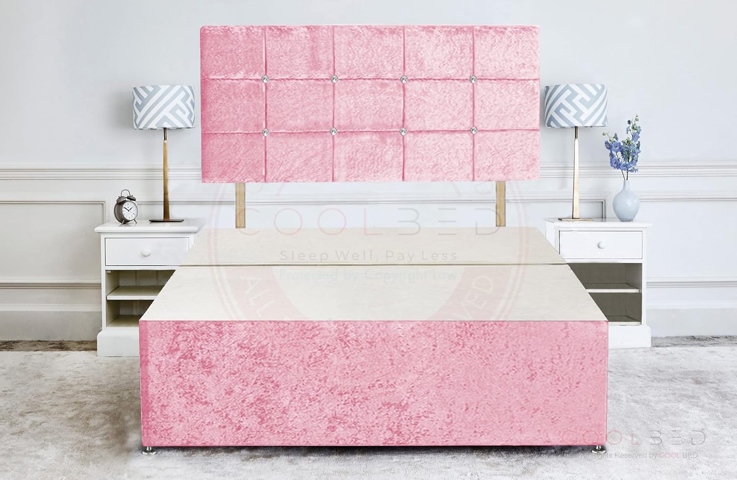 COOL BED Pink Crushed Velvet Divan Bed Base Frame and 20” Cube Headboard for Beds (PINK, 3FT O