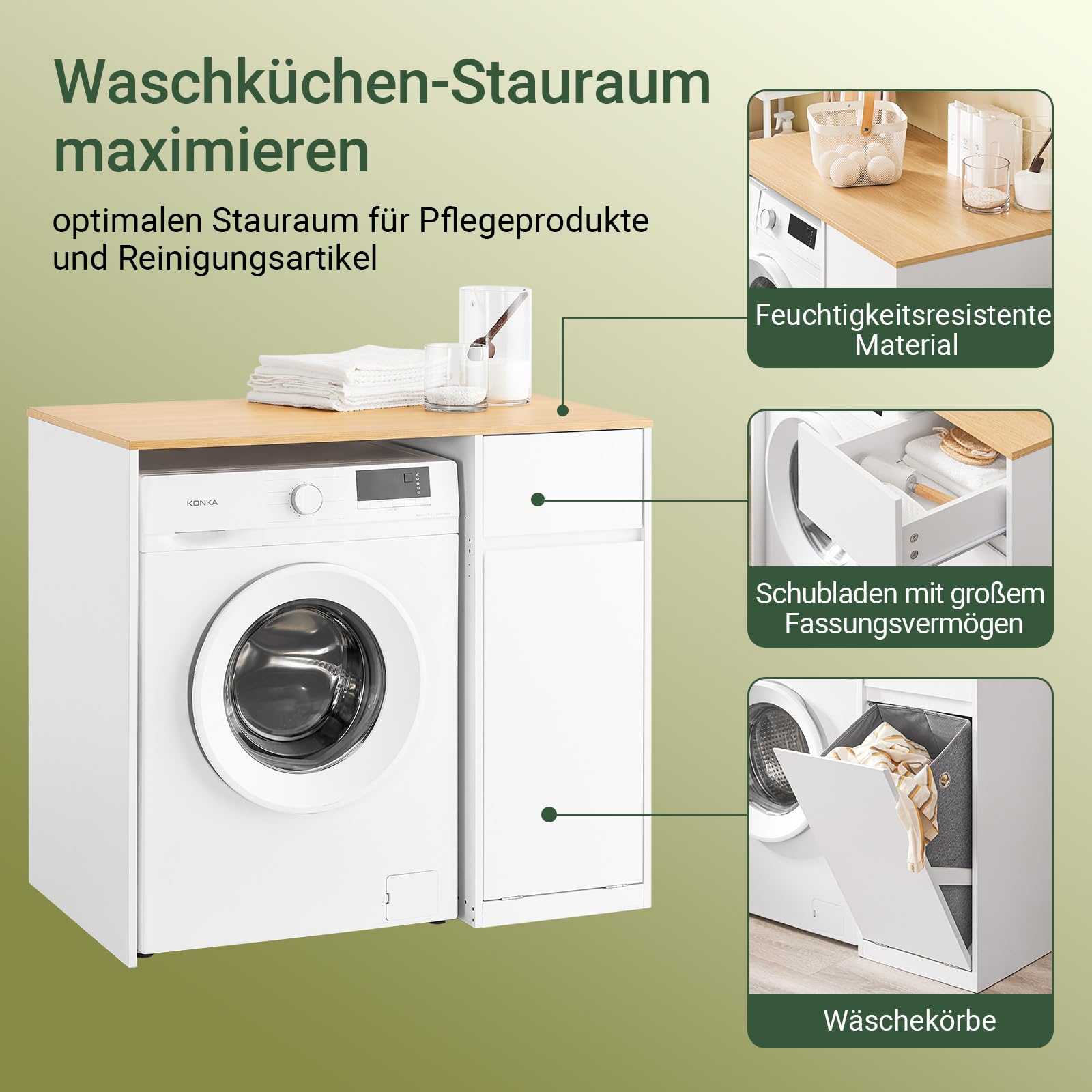 SoBuy Waschmaschinenschrank mit Wäschekorb & Schublade 100x60x90 cm | Schrank für Waschmaschine & Trockner, platzsparender Badezimmerschrank in Weiß Holzoptik, Skandinavisches Design, BZR217-WN