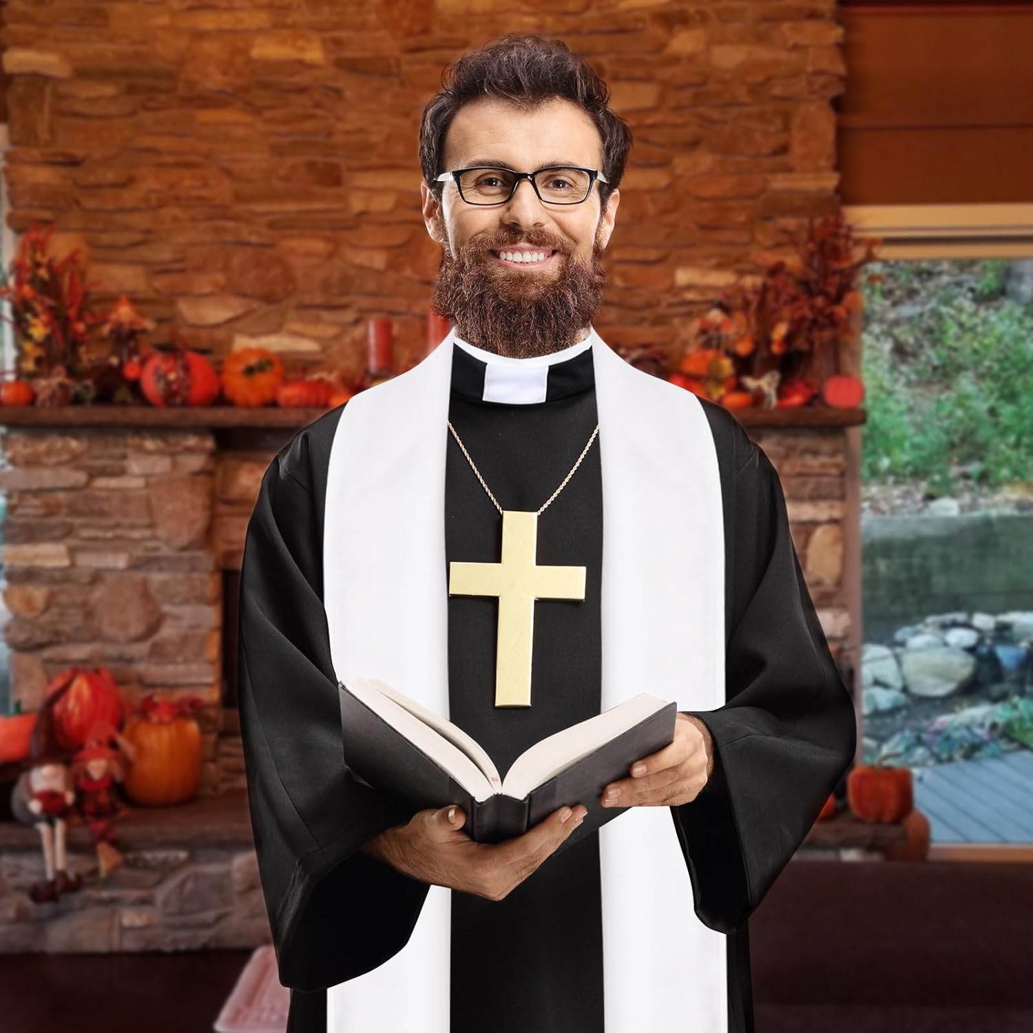 4 PCS Priest Costume for Men Include Robe Stole Plastic Cross Glasses for Adults Halloween Exorcist Dress Up - Image 6
