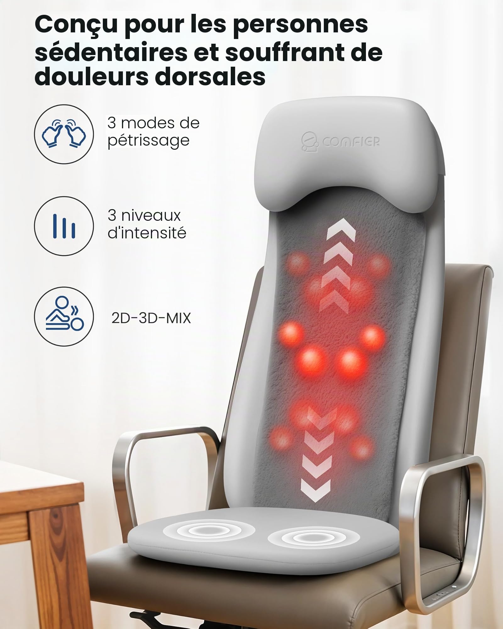 COMFIER Appareil de Massage Shiatsu pour Le Dos avec Chaleur, Massage des Tissus Profonds avec Vibration, 2D/3D, Coussin de siège de Massage Shiatu pour Le Dos, Cadeau pour Homme et Femme