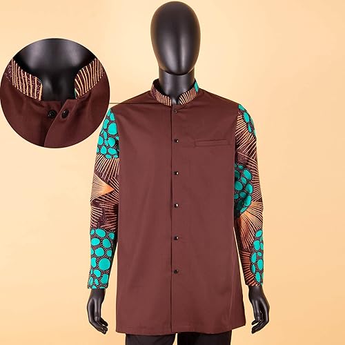 Miniatura 2 de Camisa africana de los hombres Dashiki Tops impresión blusa Ankara tela cera batik botón de manga larga con bolsillo