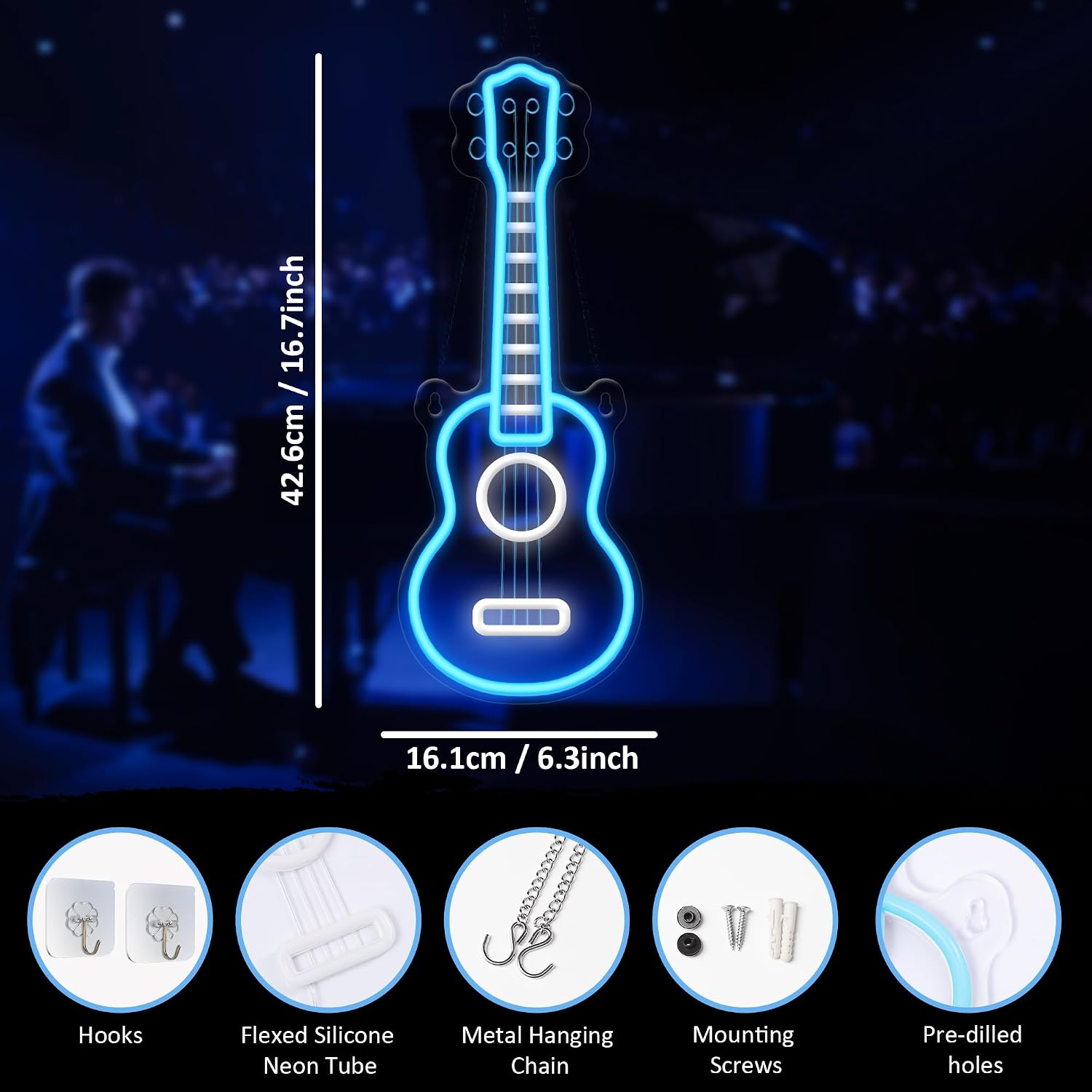 CoolGift Mart Ukulele Neon Sign, Dimmable LED Ukulele Room Decor Light With USB Powered, Decorations for Bedroom Living Room Club Music Studio, Gifts for Ukulele Enthusiasts Music Lovers