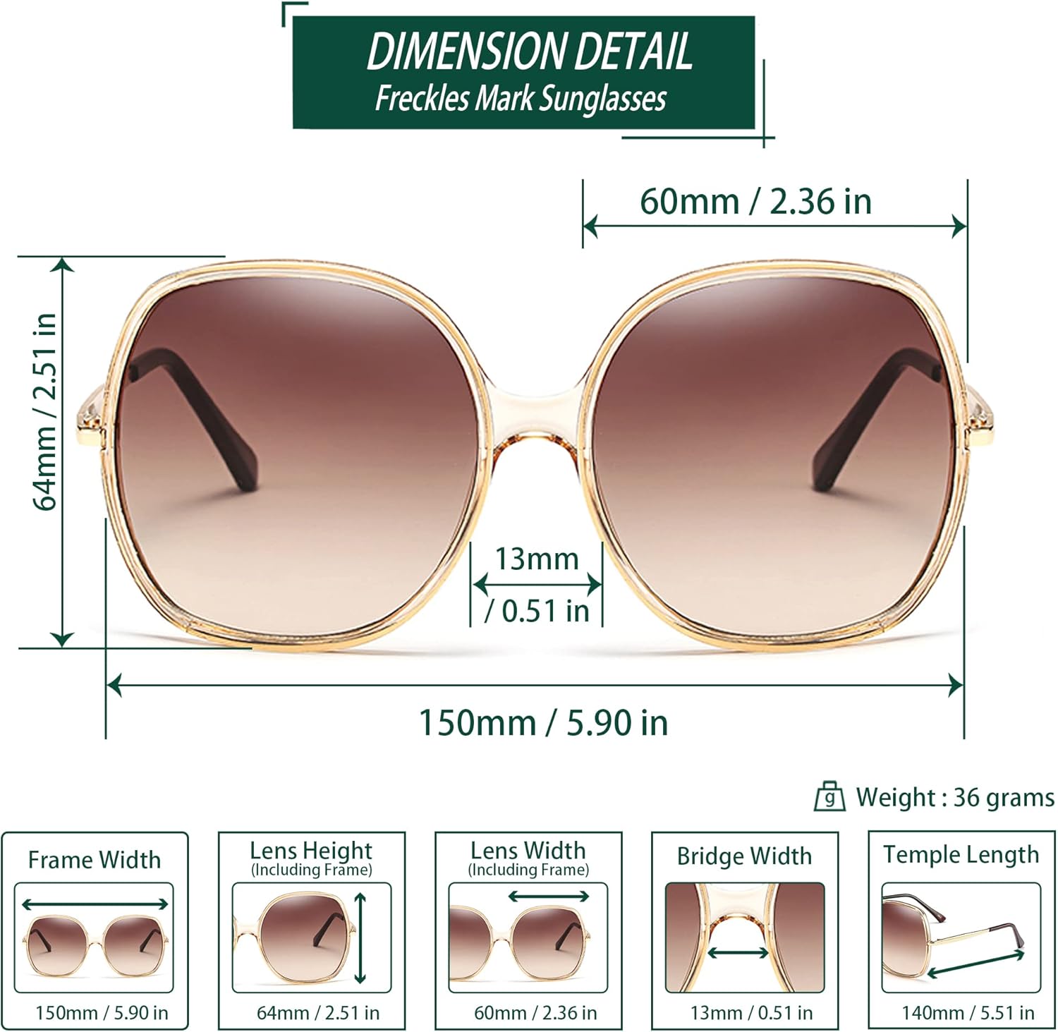 Freckles Mark 70s Super Oversize Square Sunglasses for Women Vintage Rectangular Plastic Frame - Image 3