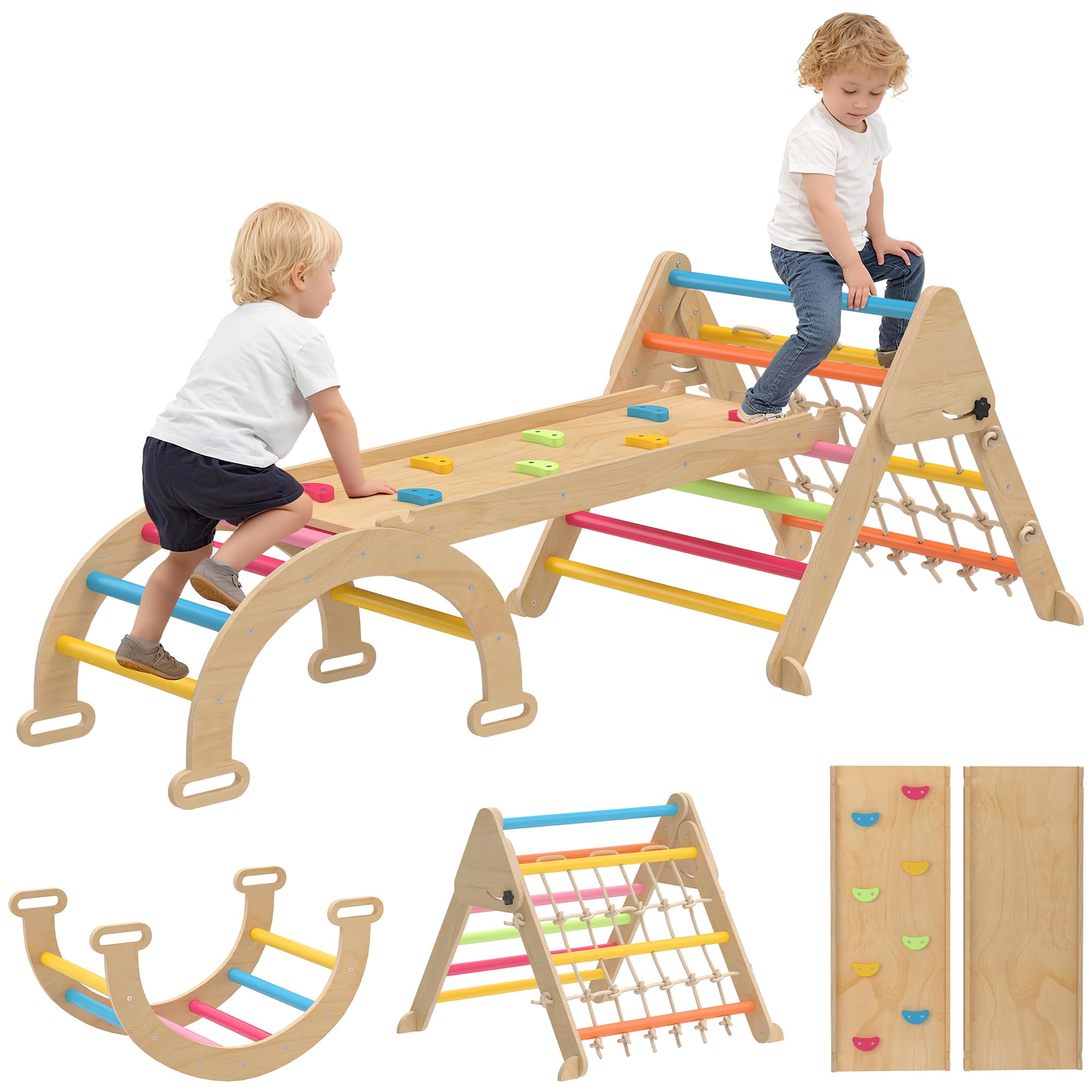 AIYAPLAY 8-in-1 Climbing Frame for Toddlers, Wooden Indoor Triangle Climbing Toys with Double-Sided Slide, Arch and Triangle Ladder for Kids Ages 1.5-4 Years, Multicoloured