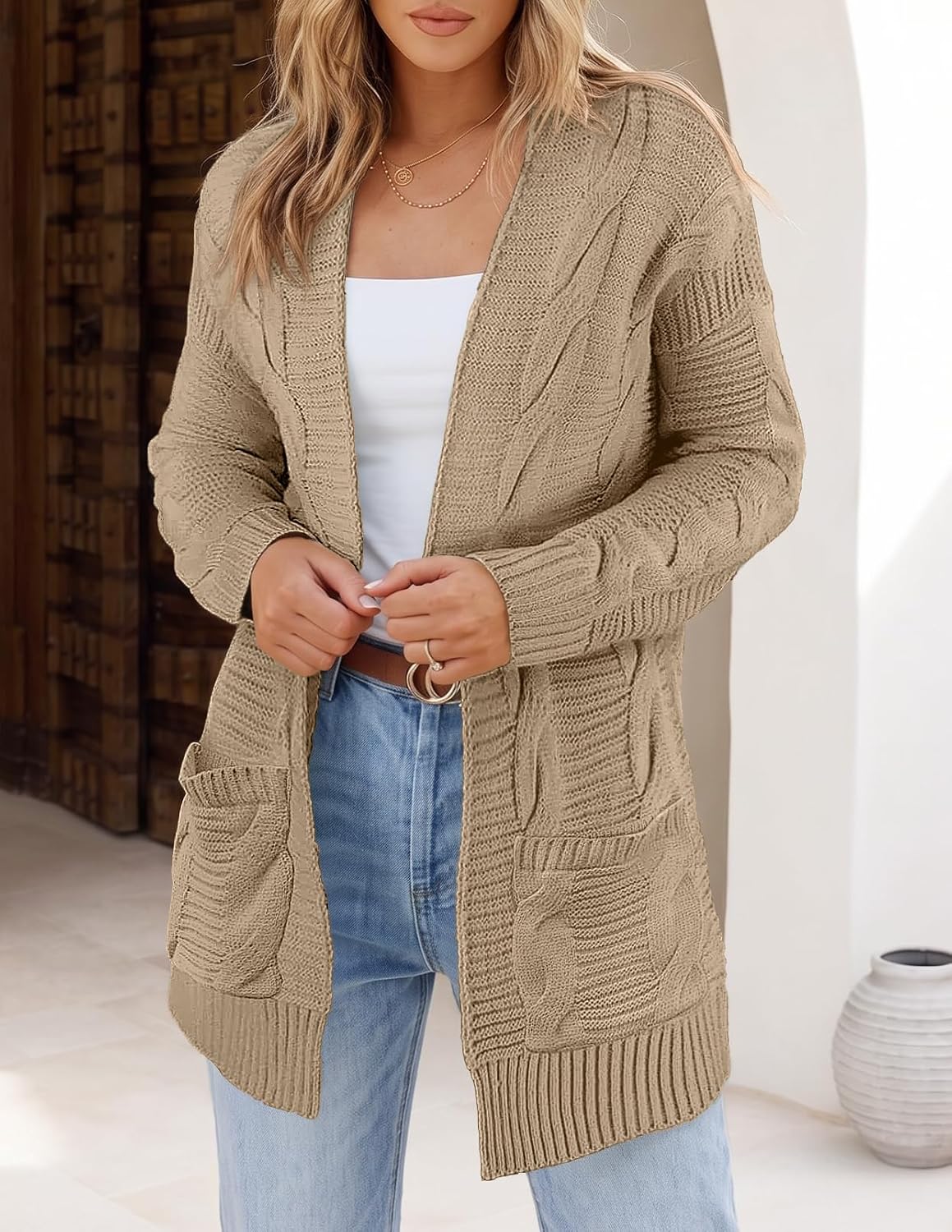 Women's Cable Knit Open Front Cardigan - Long Sleeve Sweater with Pockets — view 4