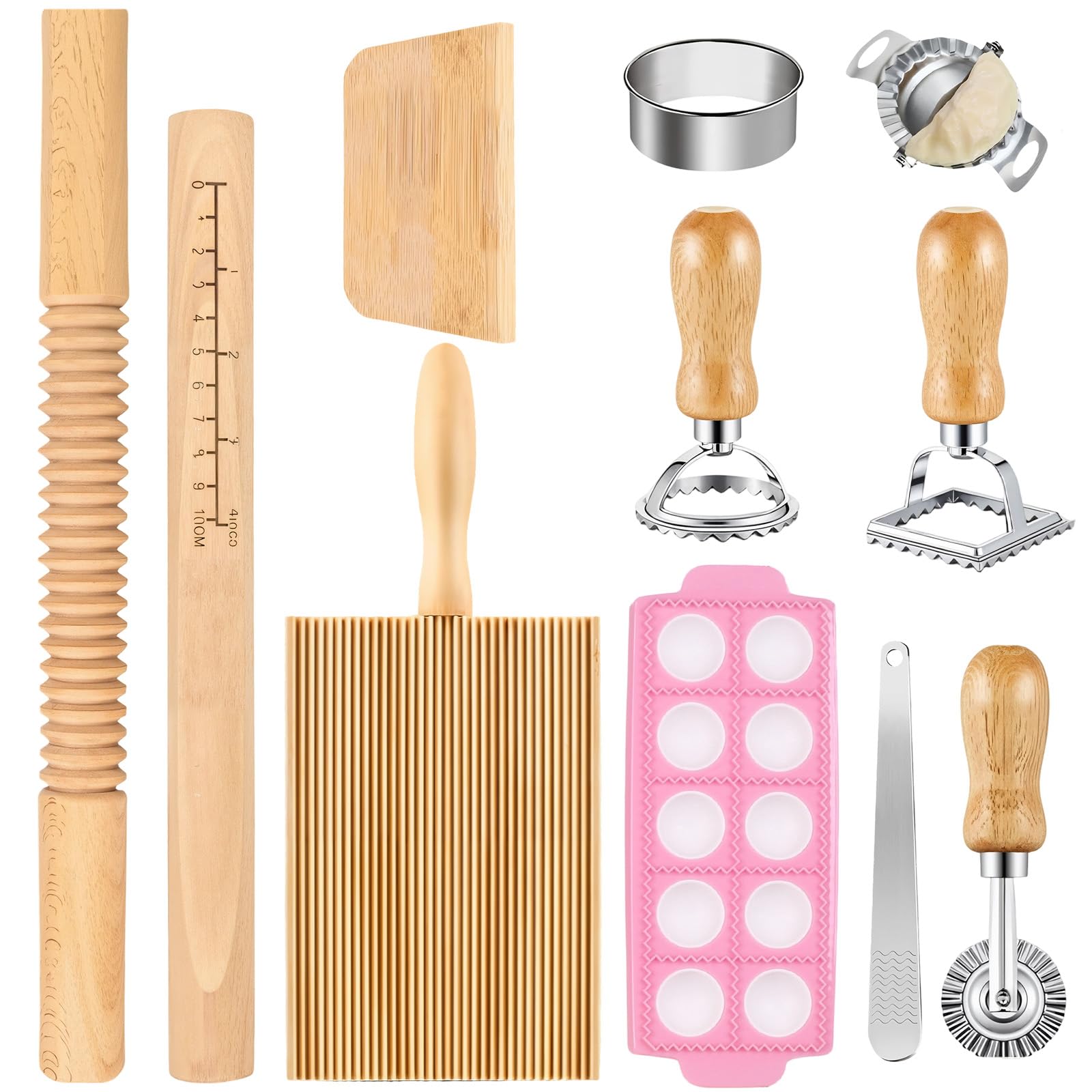 Kit de 11 outils de fabrication de pâtes - Rouleau à pâtisserie - Planche à gnocchi - Grattoir à pâte - Raviolis - Outils de fabrication de pâtes