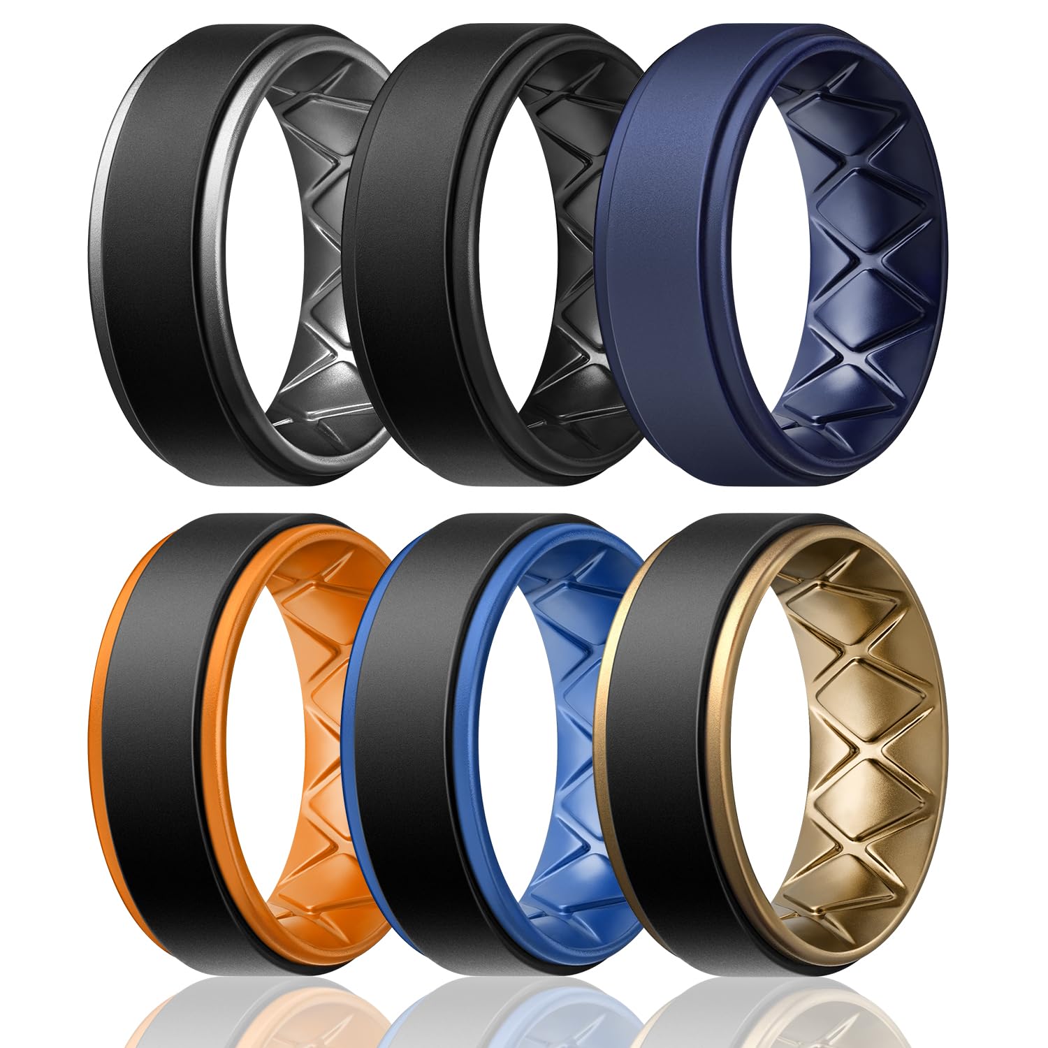 Egnaro Silicone Rings for Men 1/4/5/6/7 Multipack of Breathable Mens Silicone Rubber Wedding Rings Bands - Step Edge