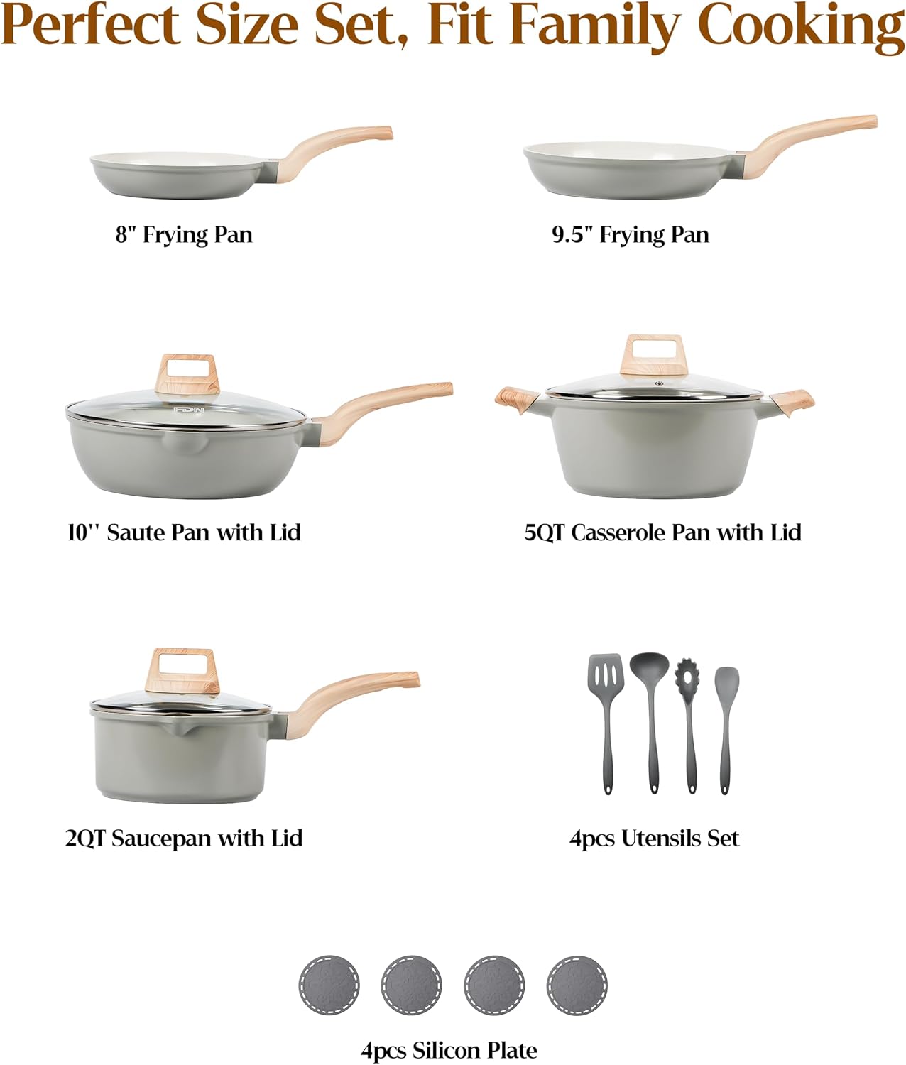 FDN 16Pcs Titanium Pots and Pans Set,Toxic-Free Cookware Set, Dishwasher & Oven Safe, Induction Compatible with Bakelite Wood Grain Handle, Compact and Durable