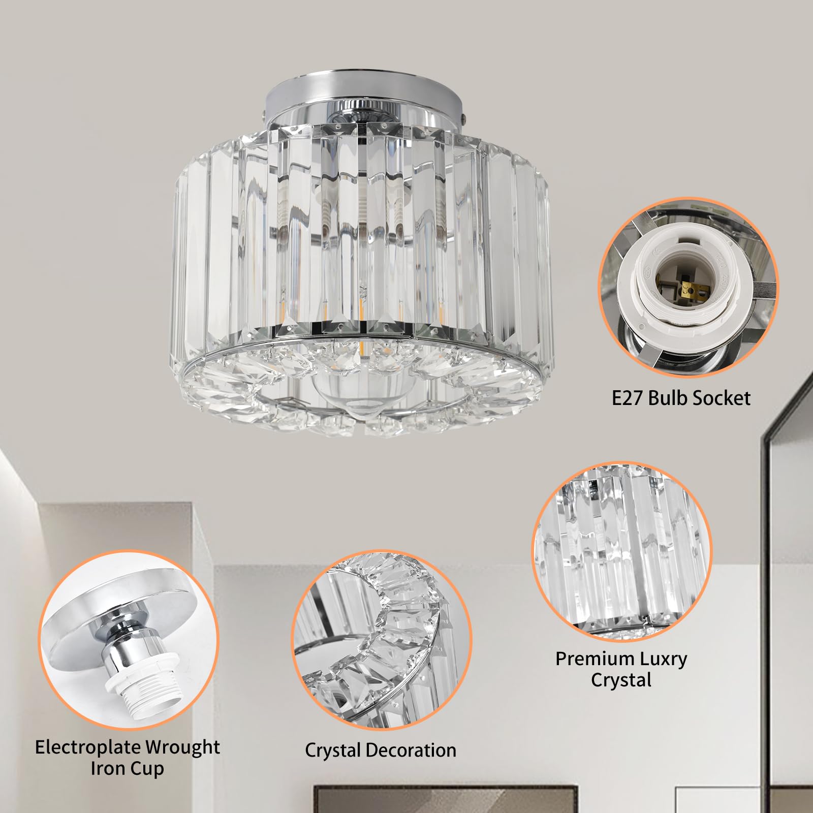 Hudi Fyier Modern Crystals Ceiling Lighting Fixtures, Chrome Small Ceiling Lamp - Image 4