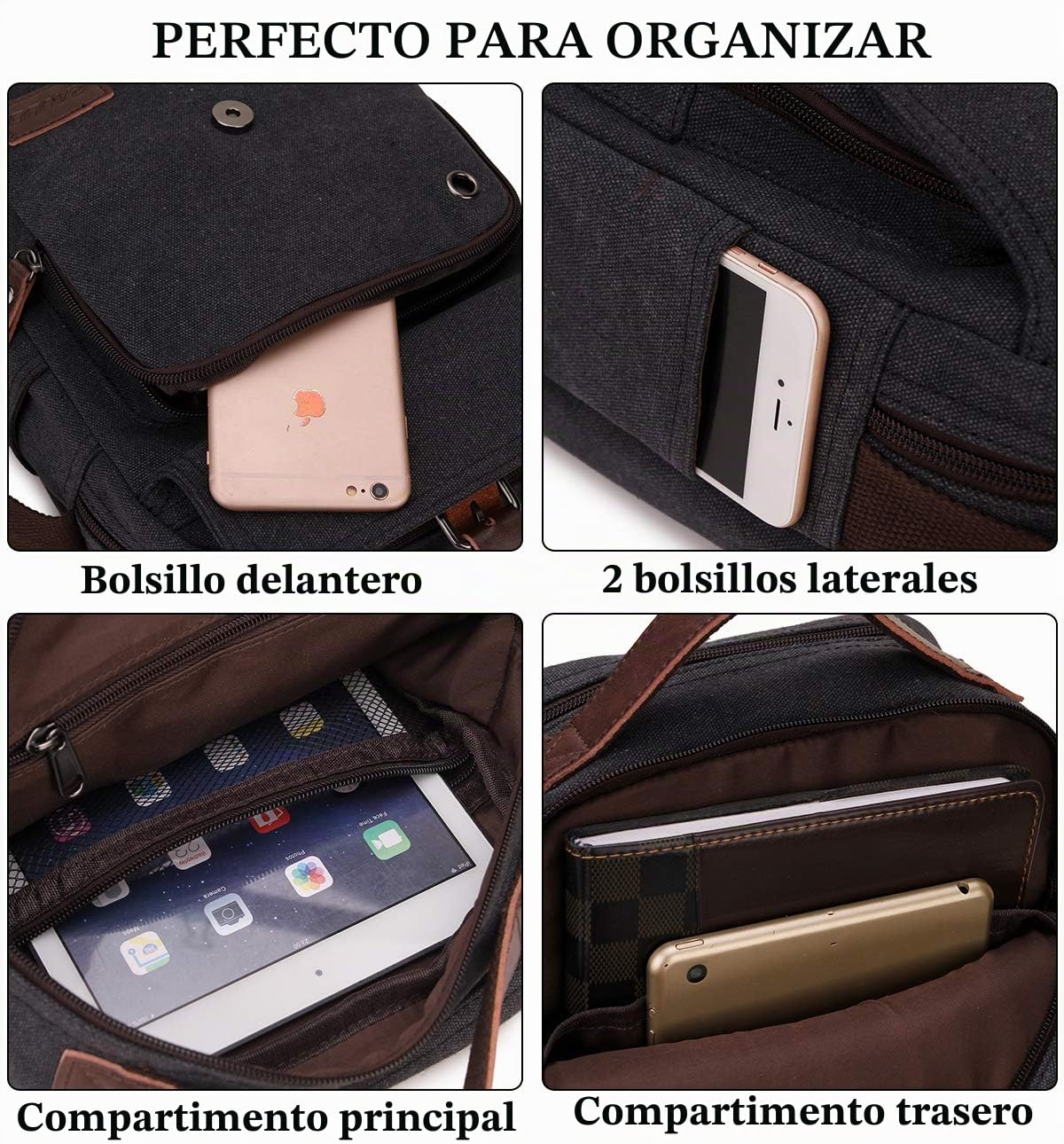RAVUO Bolsos Hombre Bandolera, Resistente al Agua Bolso Bandolera Pequeña Bolsa Mensajero de Lona Bolso Mano con Bolsillos y Cremallera Messenger Bag,Nergo