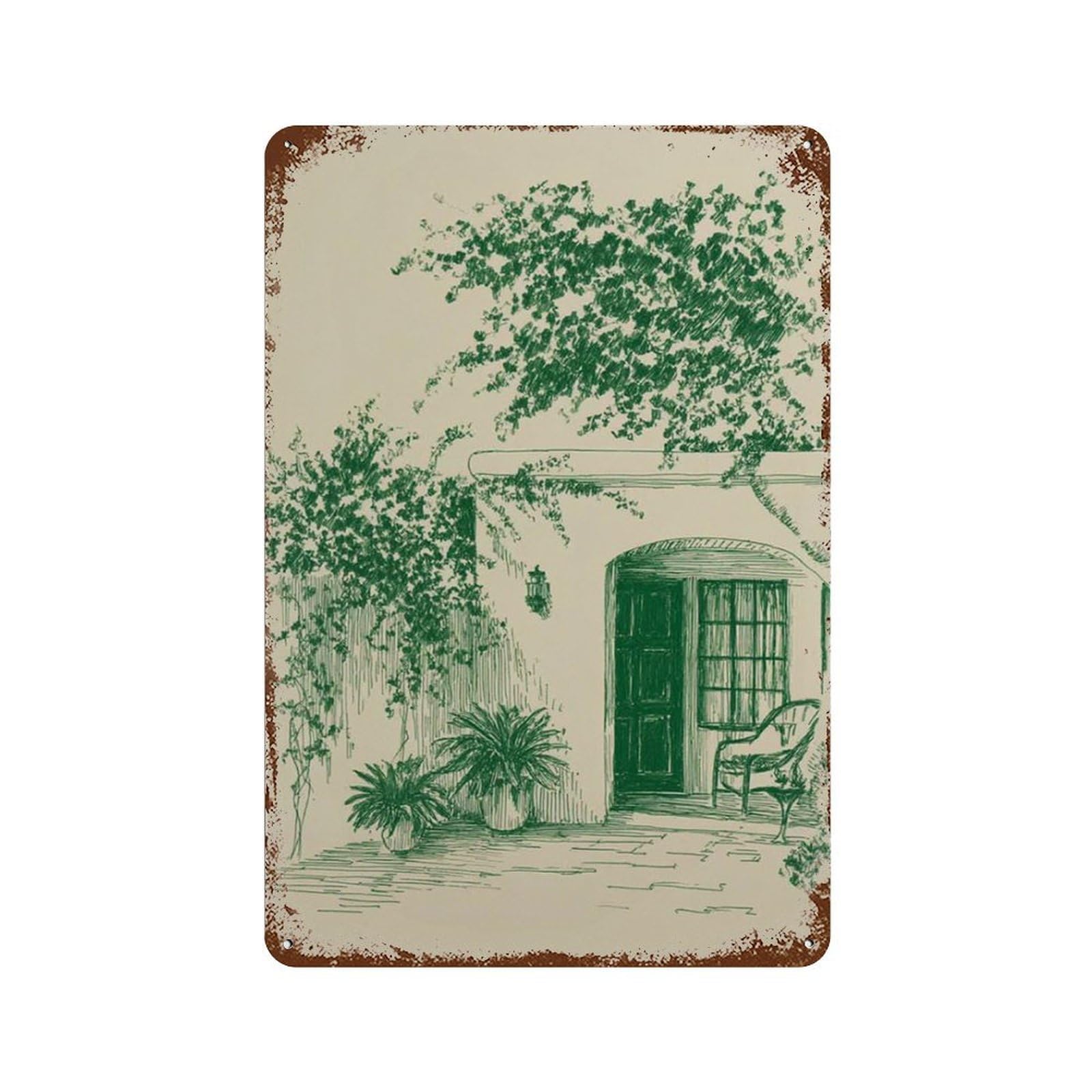 xiaoxiaoshen Bougainvillea Courtyard Mediterranean Garden Green Line Italian Patio Scene Mini Wall Decor Art Metal Tin Poster Modern Home Decor Art Home Bar Shop Decorations Vintage Sign 30x20cm