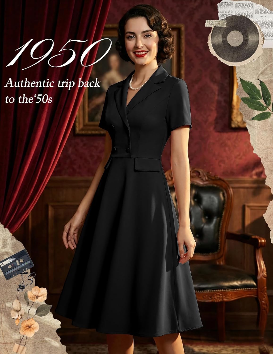 Bridesmay Vintage Cocktail Tea Party Dresses Collar Short Sleeve Fit and Flare Work Church Dress - Image 5