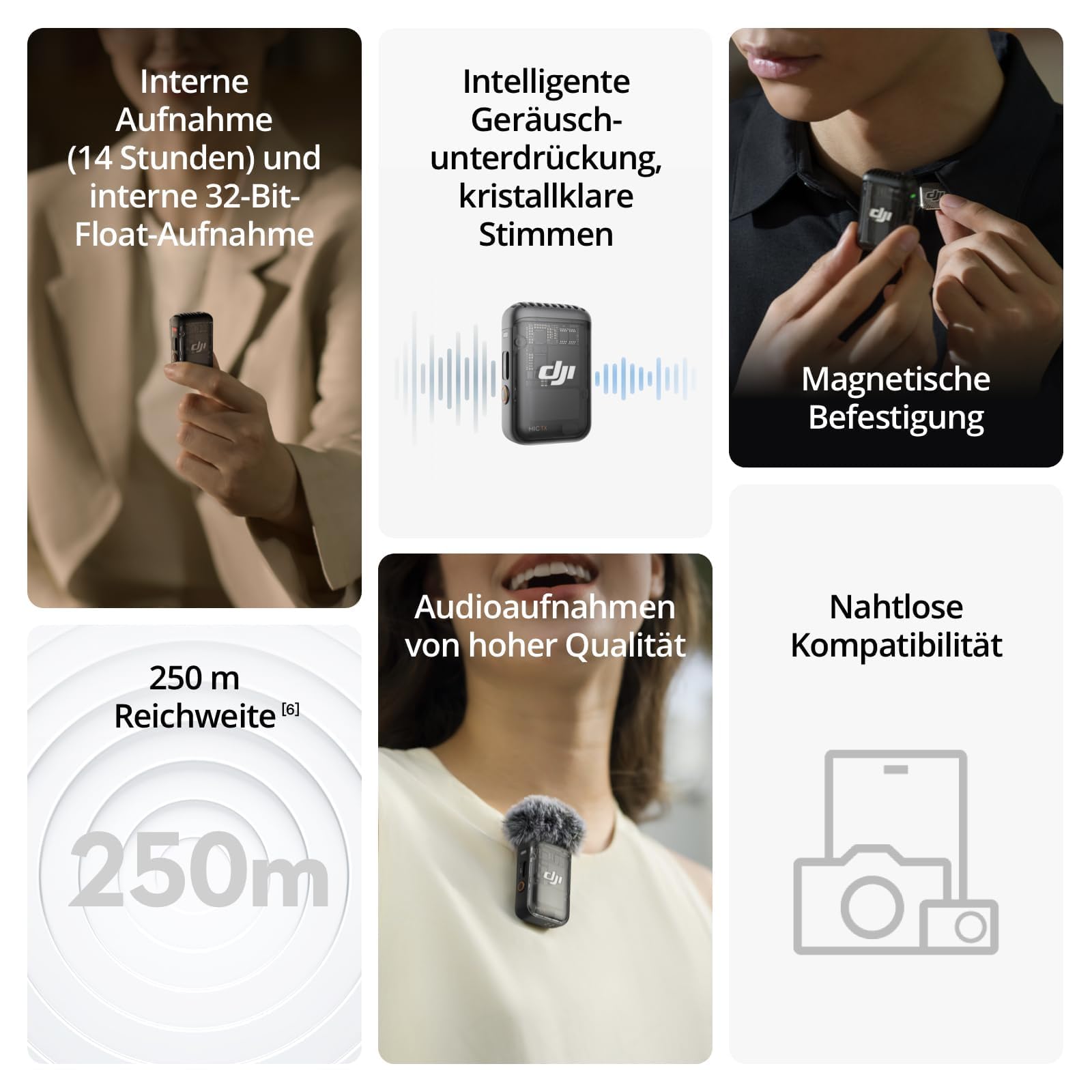 DJI Mic 2 (2 Sender + 1 Empfänger + Ladeschale), kabelloses Mikrofon für Kamera/Handy, Vlog, Streaming, Rauschunterdrückung, 48kHz Interne 32-Bit-Float-Aufnahme, 250m, mit Ladegerät