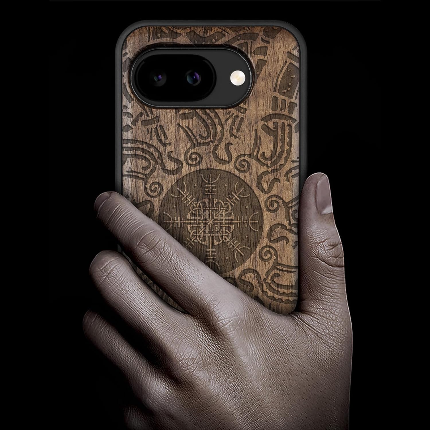 Carveit Magnetic Wooden Case for Google Pixel 10a Case, Wood Artisan Engraved & Soft TPU Shockproof Cover, Compatible with MagSafe Wireless Chargers (Shield of the Ancients) Walnut