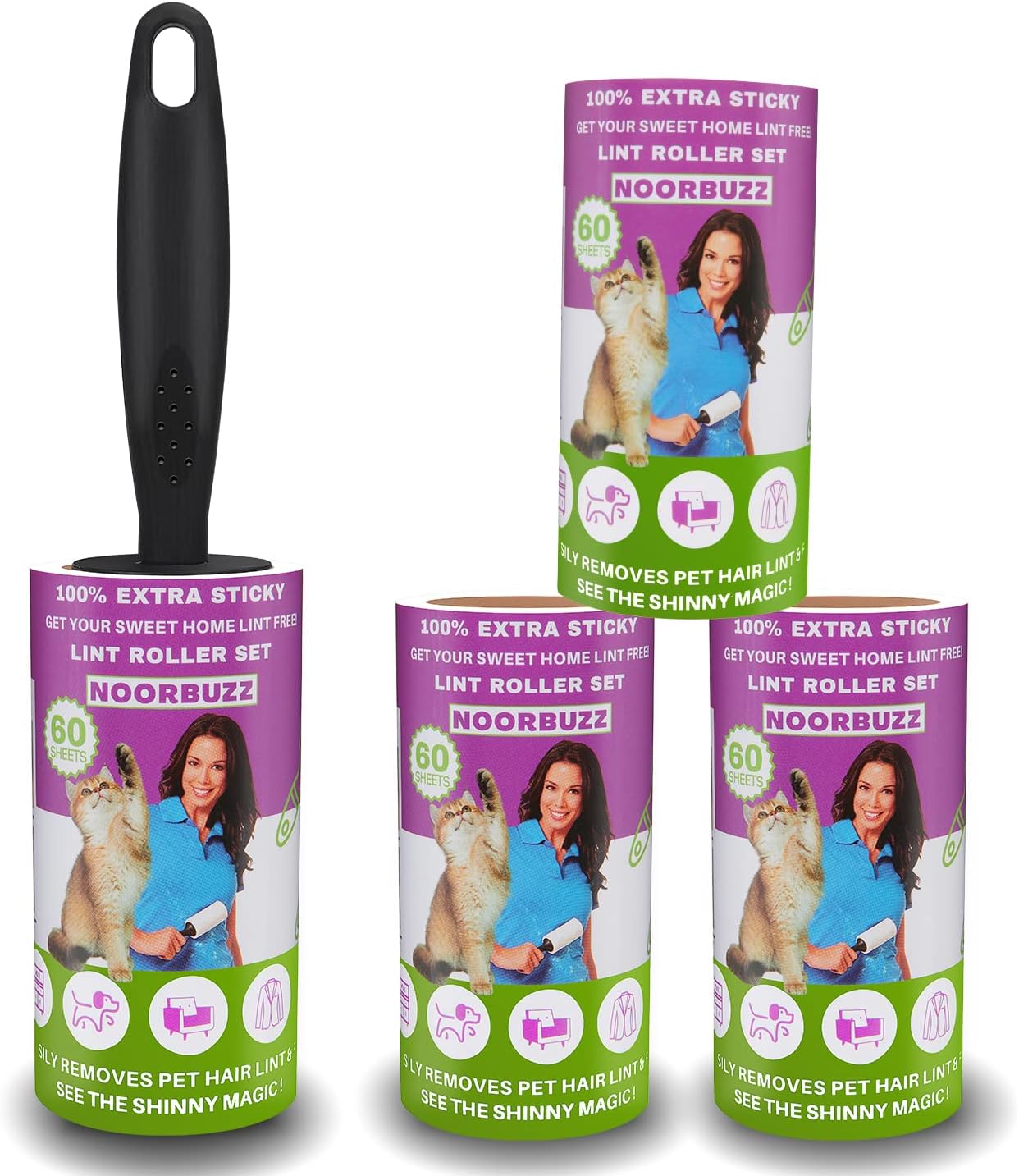 NOORBUZZ Lint Rollers for Pet Hair Extra Sticky, Mega Value Set (240 Sheets 4 Refills) with 1 Upgraded Handle - Portable Lint Remover Brush for Clothes, Furniture, Carpet, Dog & Cat Hair Removal