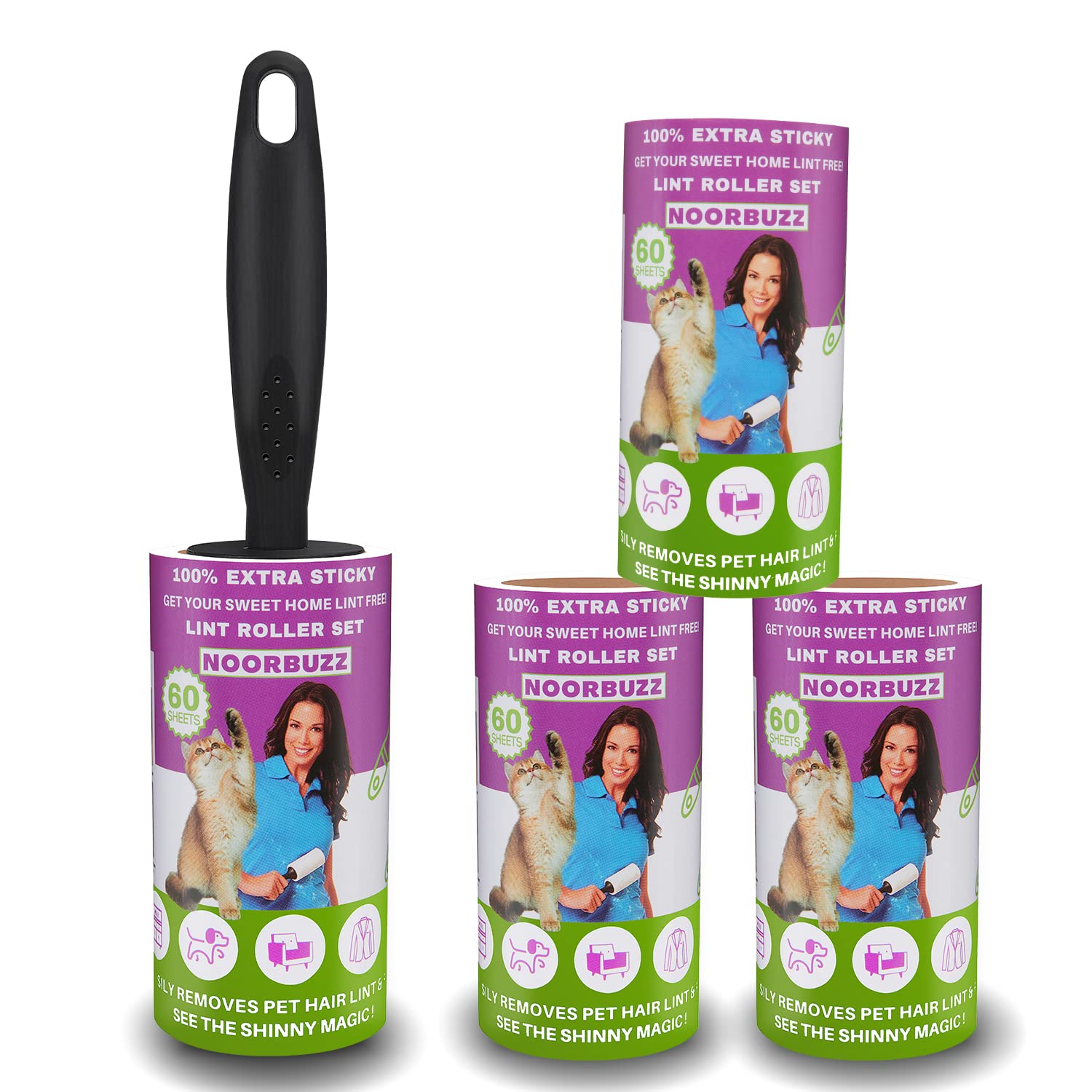 NOORBUZZ Lint Rollers for Pet Hair Extra Sticky, Mega Value Set (240 Sheets 4 Refills) with 1 Upgraded Handle - Portable Lint Remover Brush for Clothes, Furniture, Carpet, Dog & Cat Hair Removal